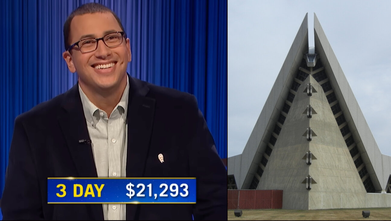 Ben Goldstein is on a “Jeopardy!” winning streak despite missing a clue about a notable synagogue, Congregation Shaarey Zedek in Southfield, Michigan, 45 minutes from his home. (Screenshot; synagogue from Wikimedia Commons)