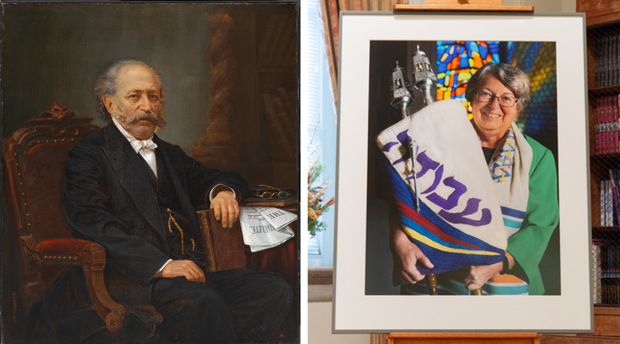 Portraits of Rabbi Isaac Mayer Wise, founder of Hebrew Union College, and Rabbi Sally Priesand, the first American woman ordained as a rabbi. (Images courtesy of Hebrew Union College and the National Portrait Gallery. Design by Mollie Suss)