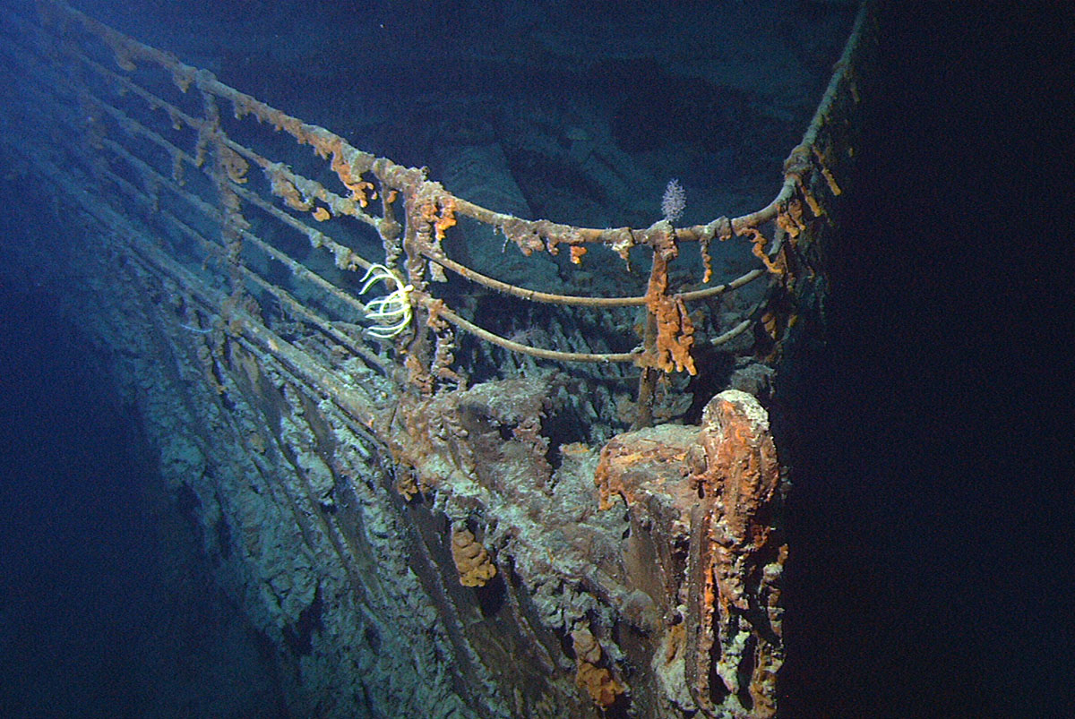The bow of the Titanic at the bottom of the North Atlantic Ocean.