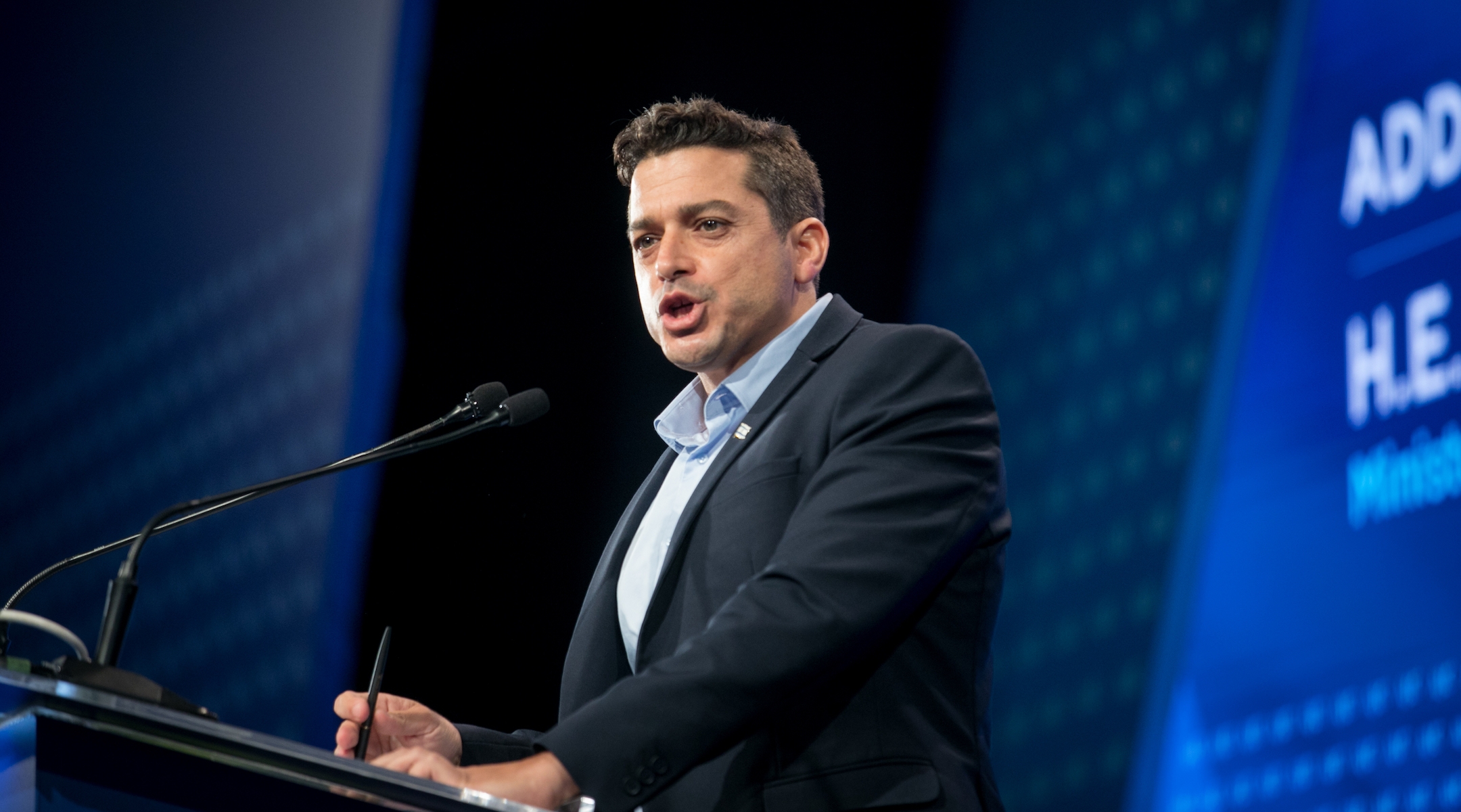 Israeli Minister of Diaspora Affairs Amichai Chikli speaks at an American Jewish Committee conference in Tel Aviv on June 14, 2023. (Miriam Alster/FLASH90)