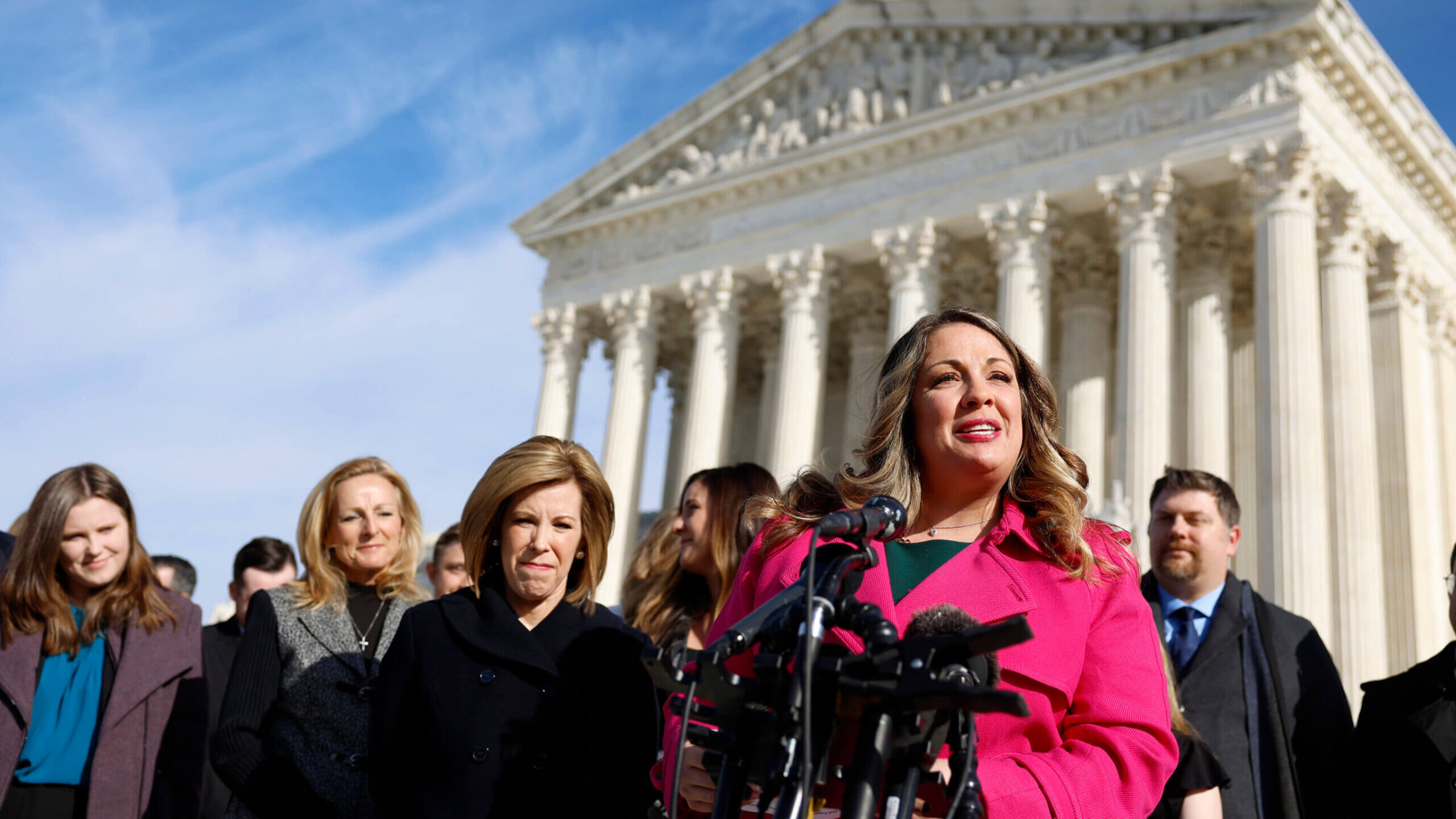 Lorie Smith, the owner of 303 Creative, a website design company in Colorado, speaks to reporters outside of the U.S. Supreme Court Building on December 05, 2022 in Washington, DC. 
