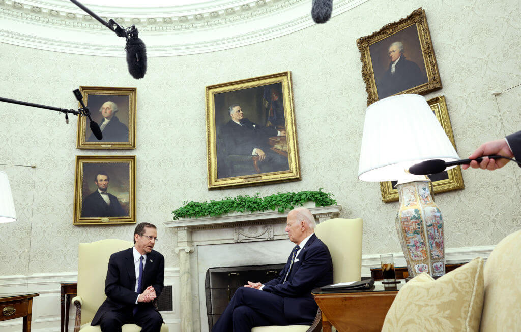 President Joe Biden meets with Israeli President Isaac Herzog in the Oval Office at the White House on July 18, 2023 in Washington, DC. 