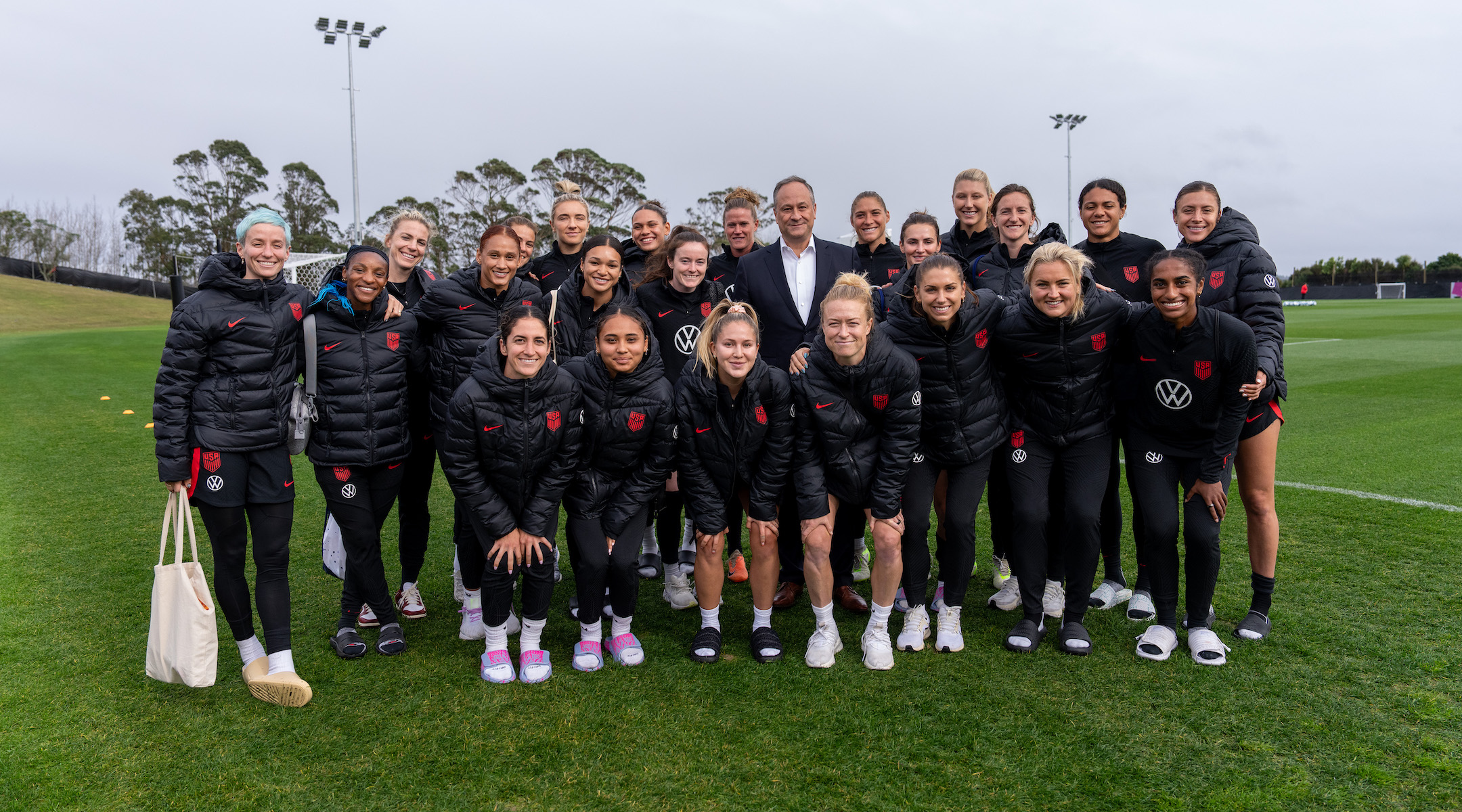 Doug Emhoff poses with the United States Women’s National Team before a training session in Auckland, New Zealand, July 20, 2023. (Brad Smith/USSF/Getty Images for USSF)