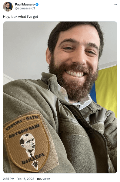 Paul Massaro tweeted a photo of himself wearing an arm patch honoring Stepan Bandera, a World War II-era Ukrainian nationalist whose forces killed tens of thousands of Jews and Poles in multiple pogroms. “Hey, look what I’ve got,” he wrote above the picture.