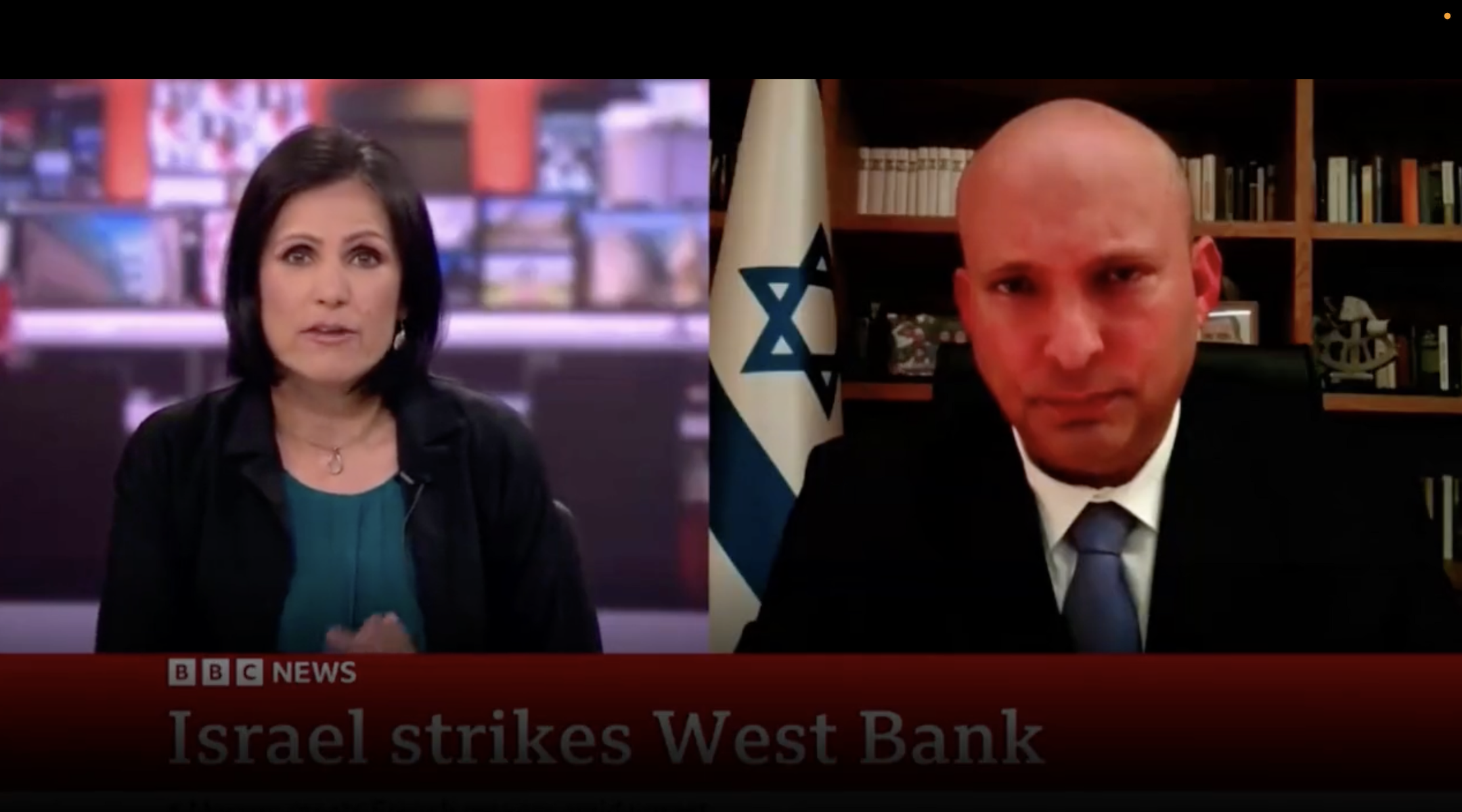 BBC anchor Anjana Gadgil interviews former Israeli Prime Minister Naftali Bennett on July 4, 2023. (Screenshot from Twitter)