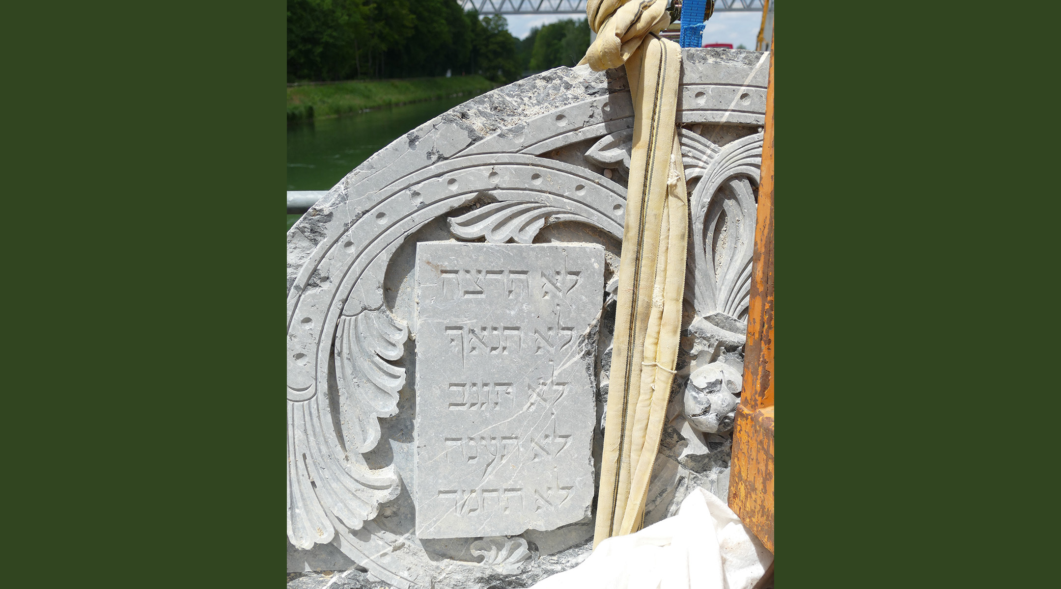 Fragments of the former Great Synagogue of Munich are seen at the site of discovery at the Isar River in Munich, July 4, 2023. (Jewish Museum Munich)