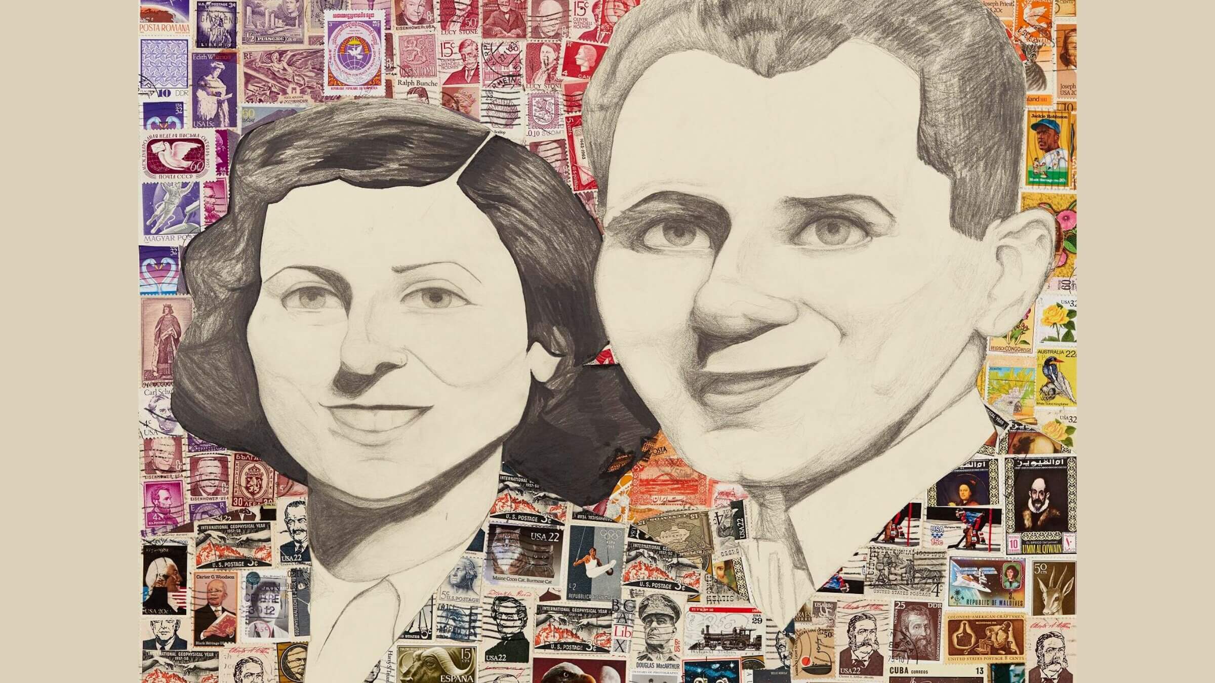 One of 18 collages created by students as part of a project to collect 11 million stamps representing every life lost in the Holocaust. The faces are Holocaust survivors Golde and Sam Weinreb. Students got to know Sam as part of the project.