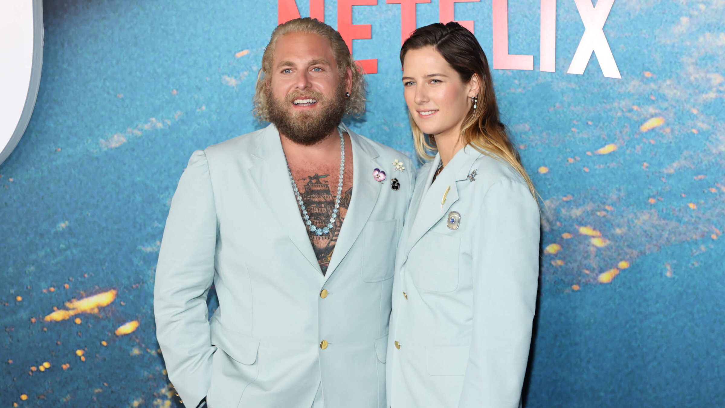 Jonah Hill and Sarah Brady attend the world premiere of Netflix's "Don't Look Up" on December 05, 2021 in New York City. 