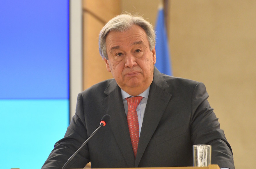 U.N. Secretary-General Antonio Guterres gives a speech at the United Nations office in Geneva, Switzerland, Feb. 27, 2017. (Mustafa Yalcin/Anadolu Agency/Getty Images)