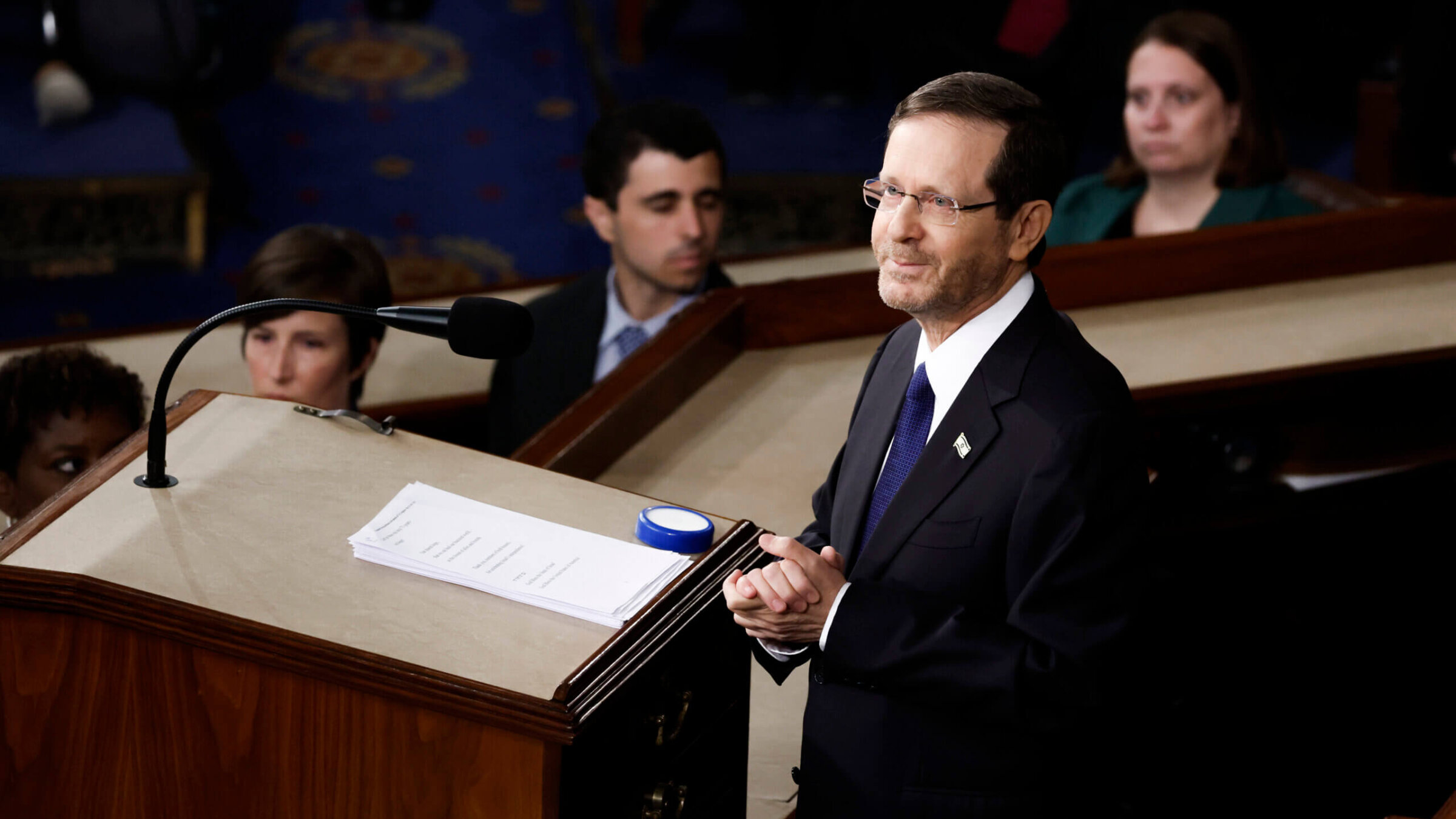 Israeli President Isaac Herzog addresses a joint meeting of the U.S. Congress at the U.S. Capitol on July 19, 2023 in Washington, DC. Herzog's speech on the floor of the House of Representatives stirred controversy as some liberal Democrats planned to boycott of the Israeli president’s  