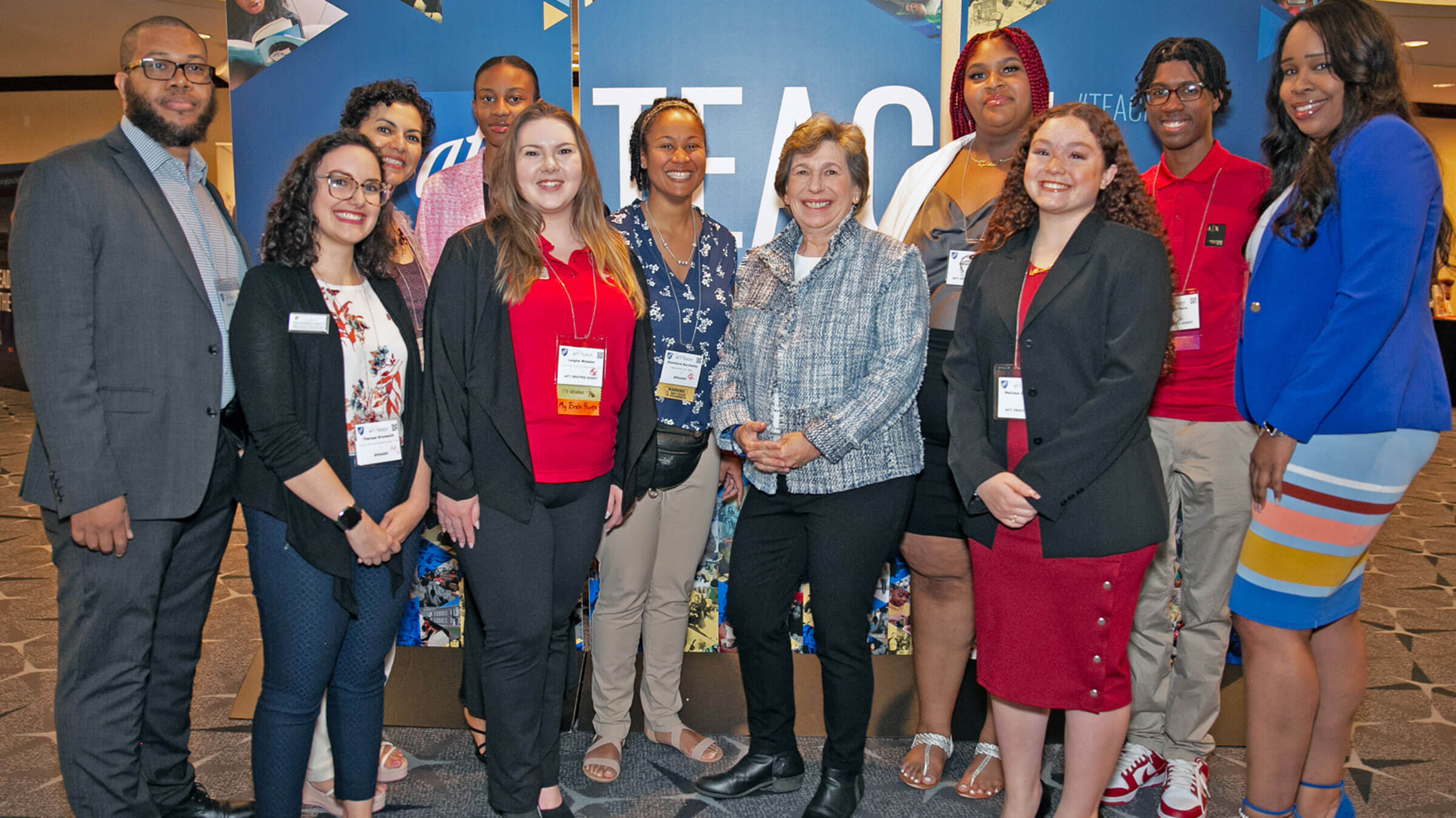 Weingarten, center, with students and educators attending the AFT’s TEACH conference in Washington, D.C., July 21.