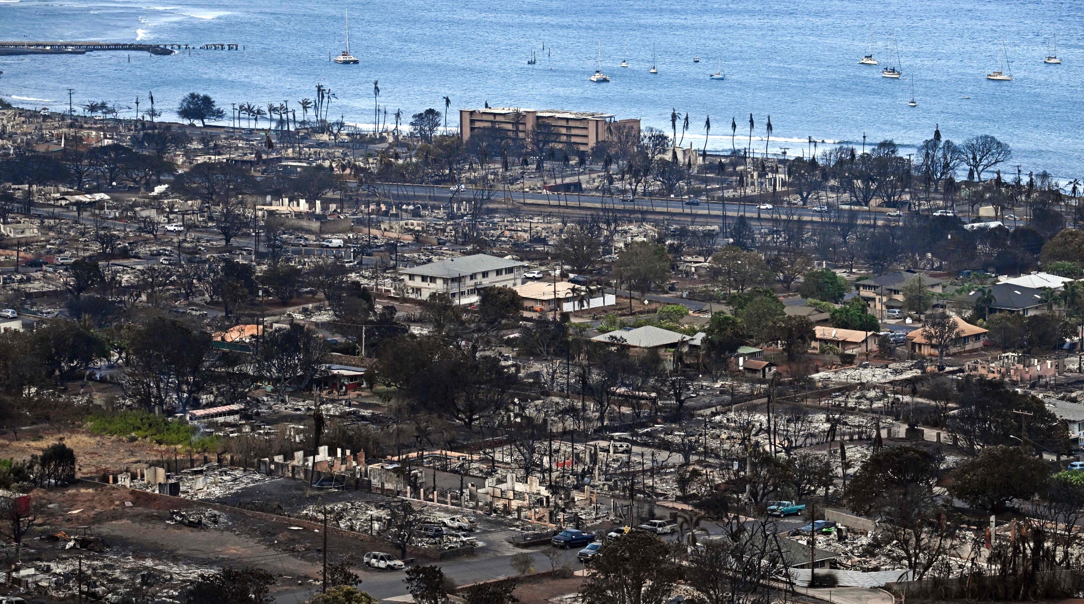 An aerial image shows destroyed homes and buildings burned to the ground in Lahaina in the aftermath of wildfires in western Maui, Hawaii, Aug. 10, 2023. (Patrick T. Fallon AFP via Getty Images)