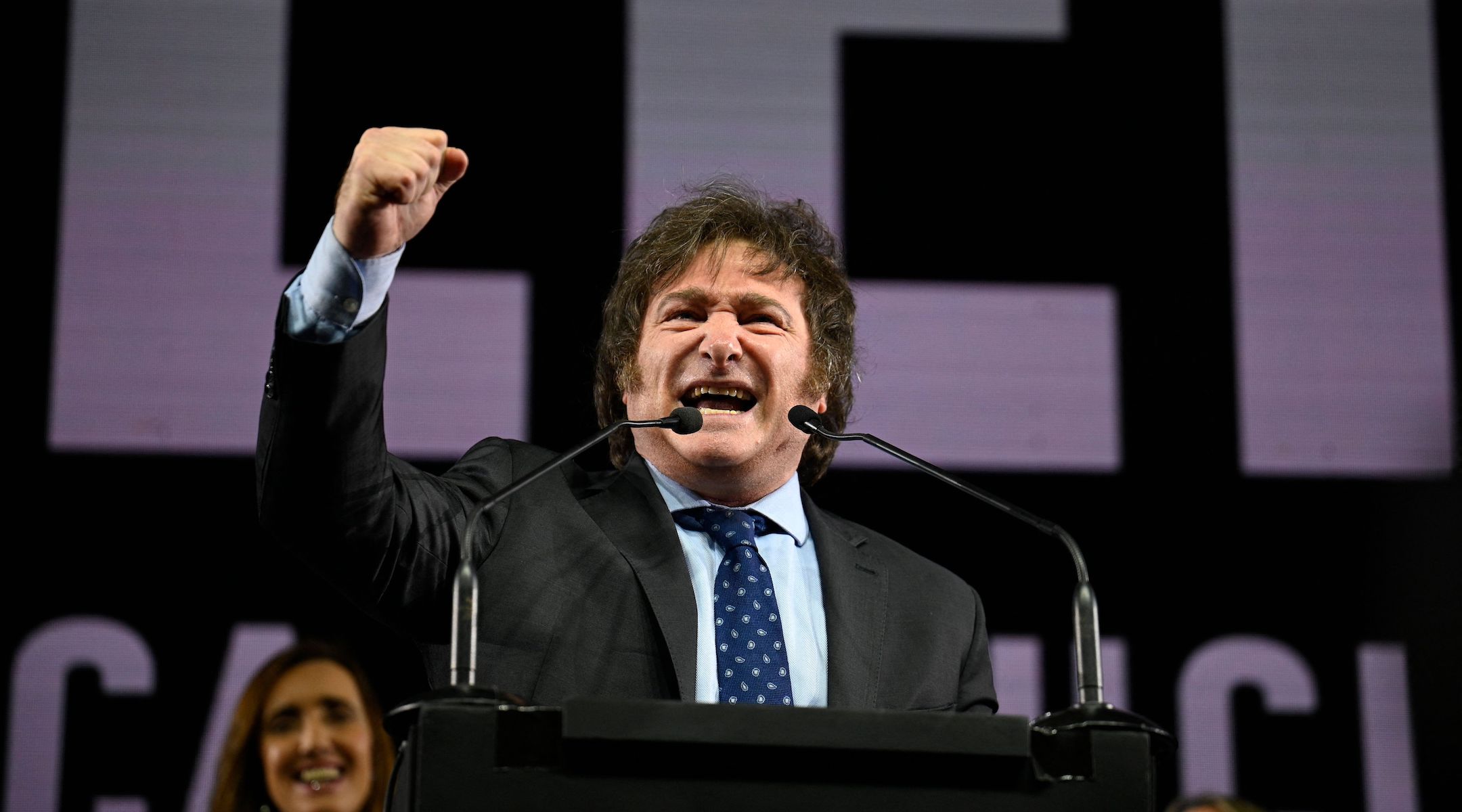 Javier Milei delivers a speech at a campaign event in Buenos Aires, Aug. 7, 2023. (Luis Robayo/AFP via Getty Images)