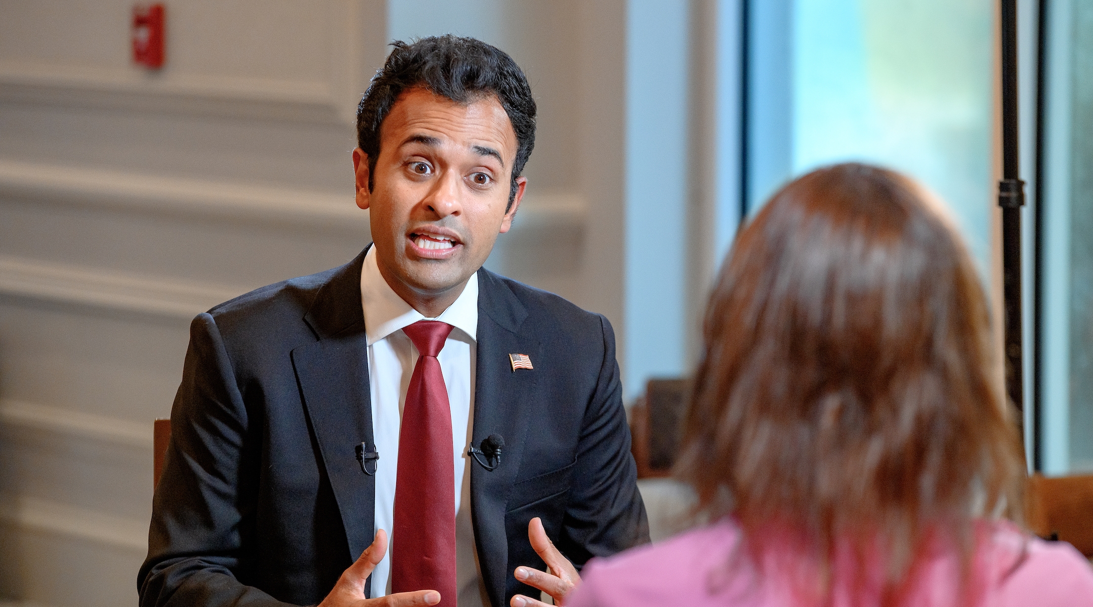 Vivek Ramaswamy is interviewed at the 10X Ladies Empowerment Seminar at the JW Marriott Miami Turnberry Resort & Spa in Aventura, Fla., Aug. 4, 2023. (Ivan Apfel/Getty Images)