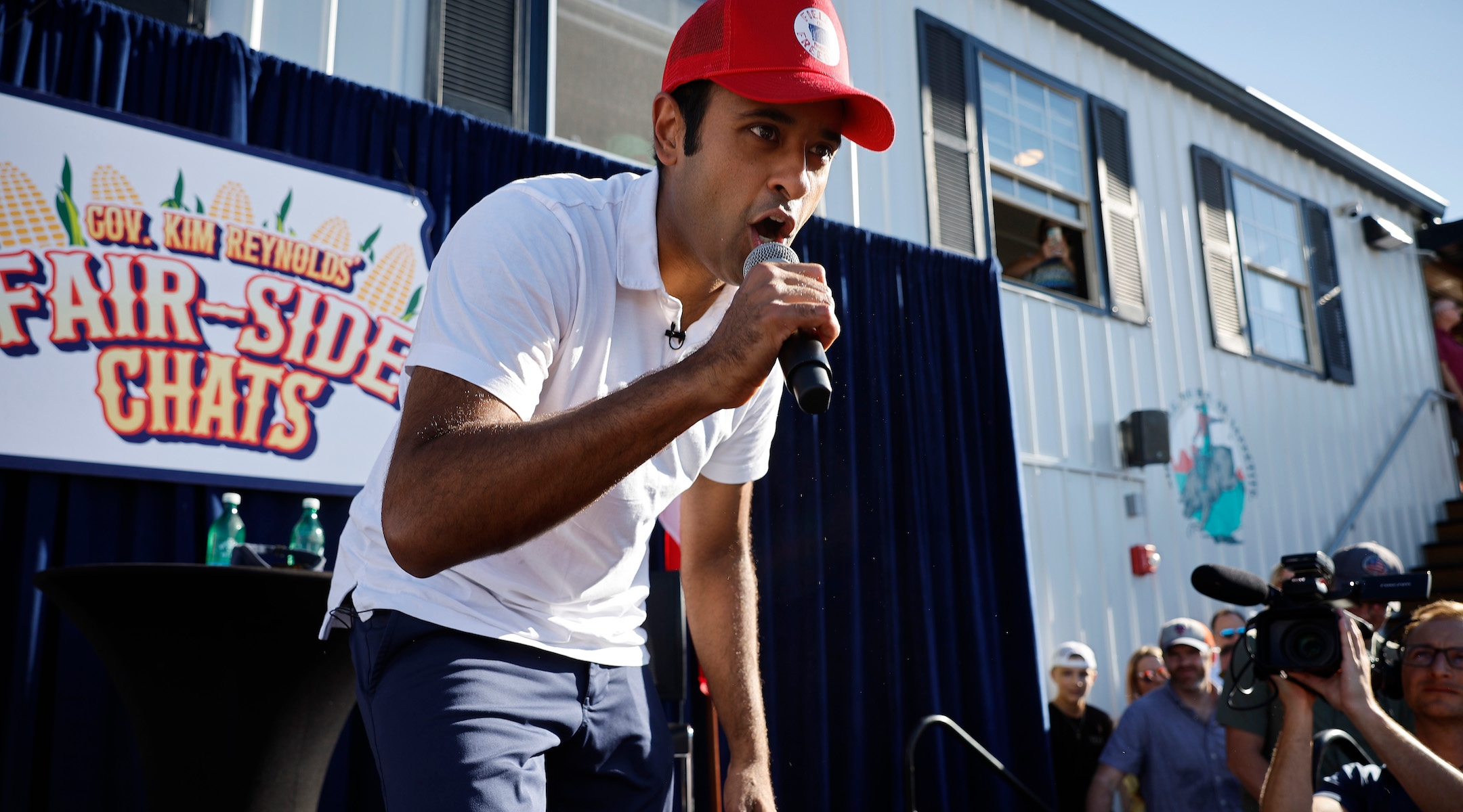 Biotech millionaire and Republican presidential candidate Vivek Ramaswamy raps to Eminem’s “Lose Yourself” at the conclusion of one of Iowa Governor Kim Reynolds’ “Fair-Side Chats” at the Iowa State Fair on August 12, 2023 in Des Moines, Iowa. (Chip Somodevilla/Getty Images)