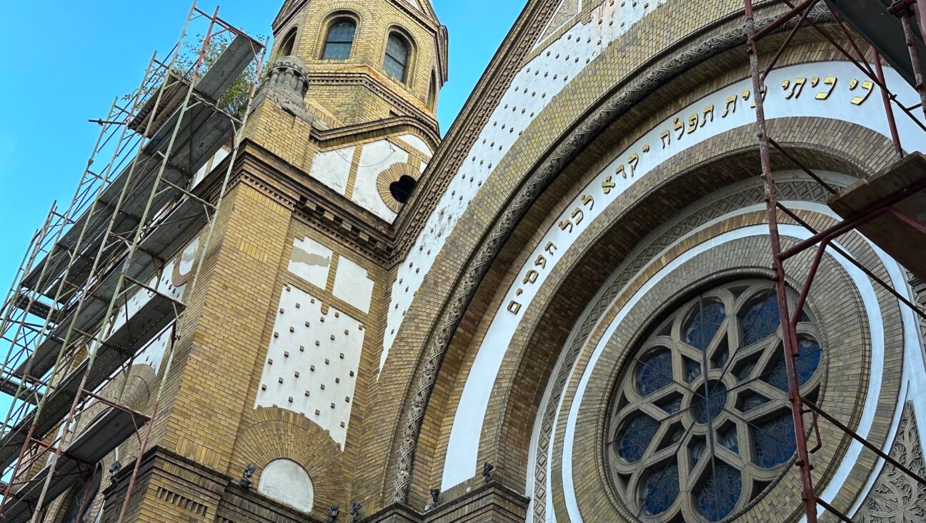 Scaffolding surrounds the facade of the Novi Sad Synagogue as it undergoes a major renovation. (Larry Luxner)