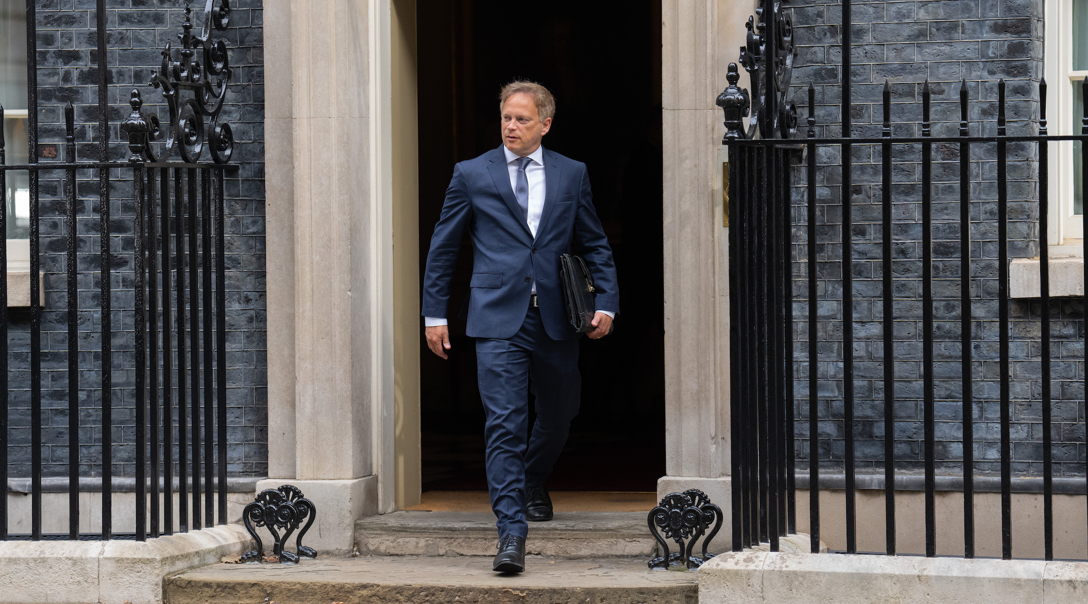 Grant Shapps leaves 10 Downing Street in London, Aug. 31, 2023. (Carl Court/Getty Images)