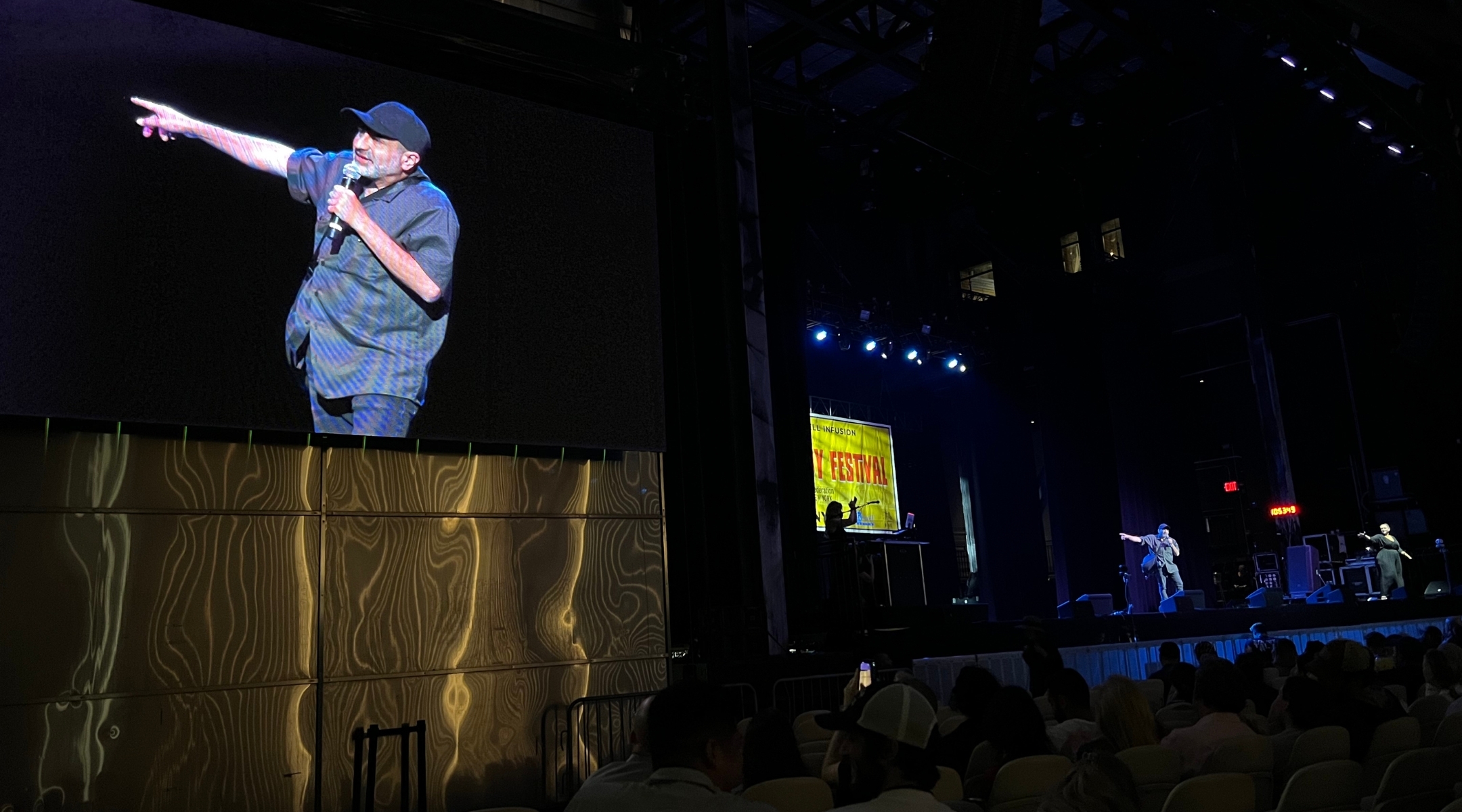 Surprise guest Dave Attell appears onstage at the Chosen Comedy Festival on Coney Island, Aug. 8, 2023. (Jackie Hajdenberg)