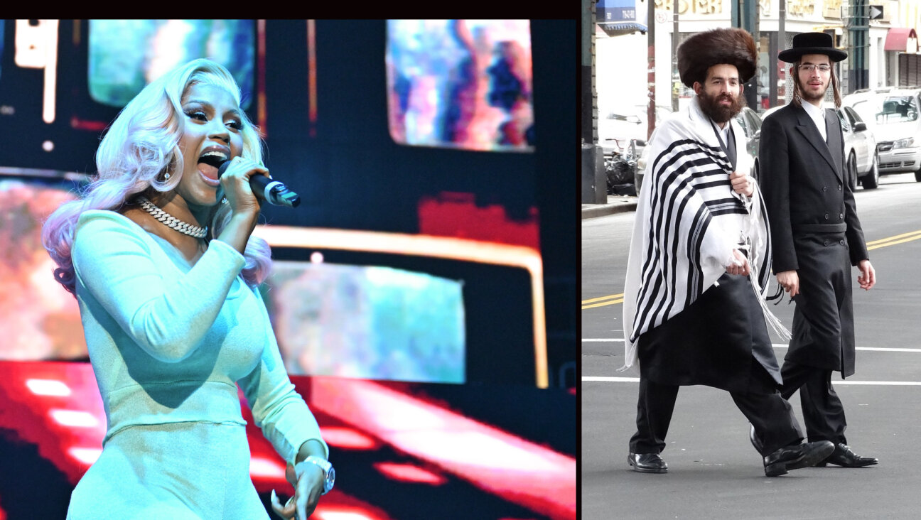 Cardi B, seen here performing onstage during 2023 HOT 107.9’s Birthday Bash in Atlanta in June 2023, tweeted a picture of Orthodox Jews after her Jewish lawyers announced victory in a legal case. (Cardi B by Paras Griffin/Getty Images; men via Wikipedia)