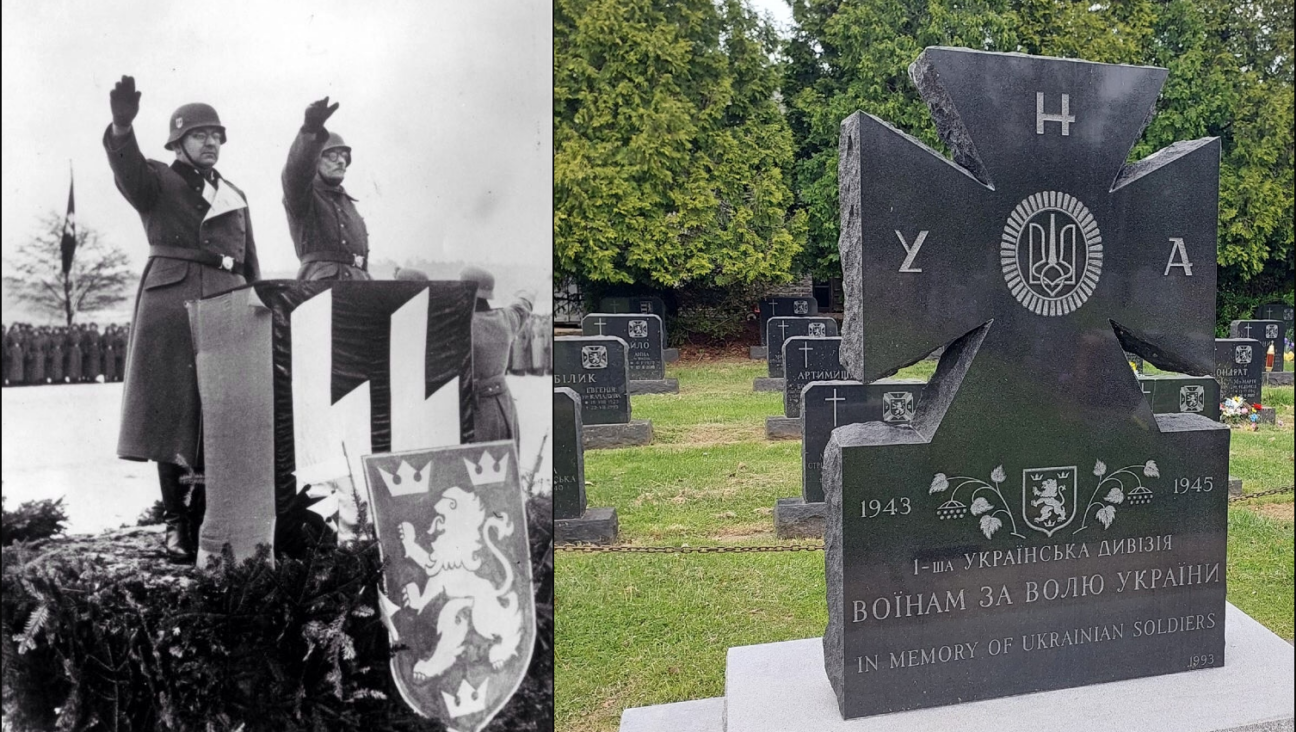 <i>Left:</i> Members of the SS Galichina during World War II. <i>Right:</i> A monument to the SS Galichina outside Philadelphia.