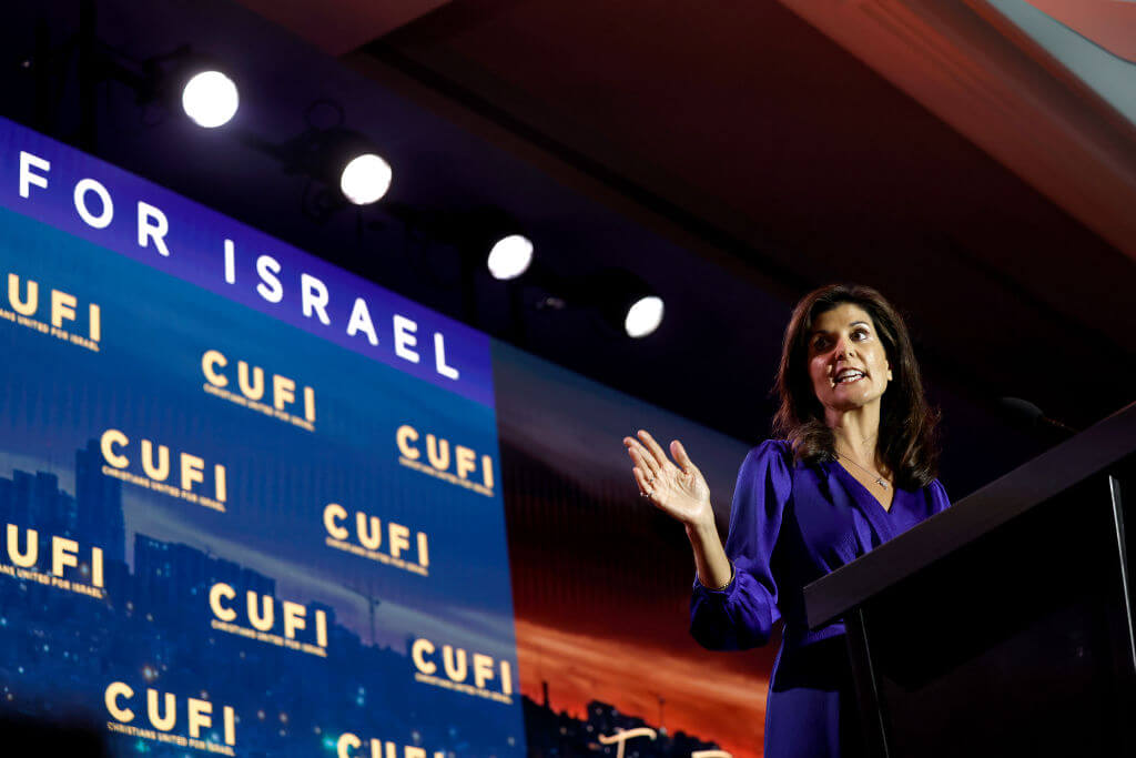 Nikki Haley speaking at the Christians United for Israel summit on July 17, 2023 in Arlington, Virginia.