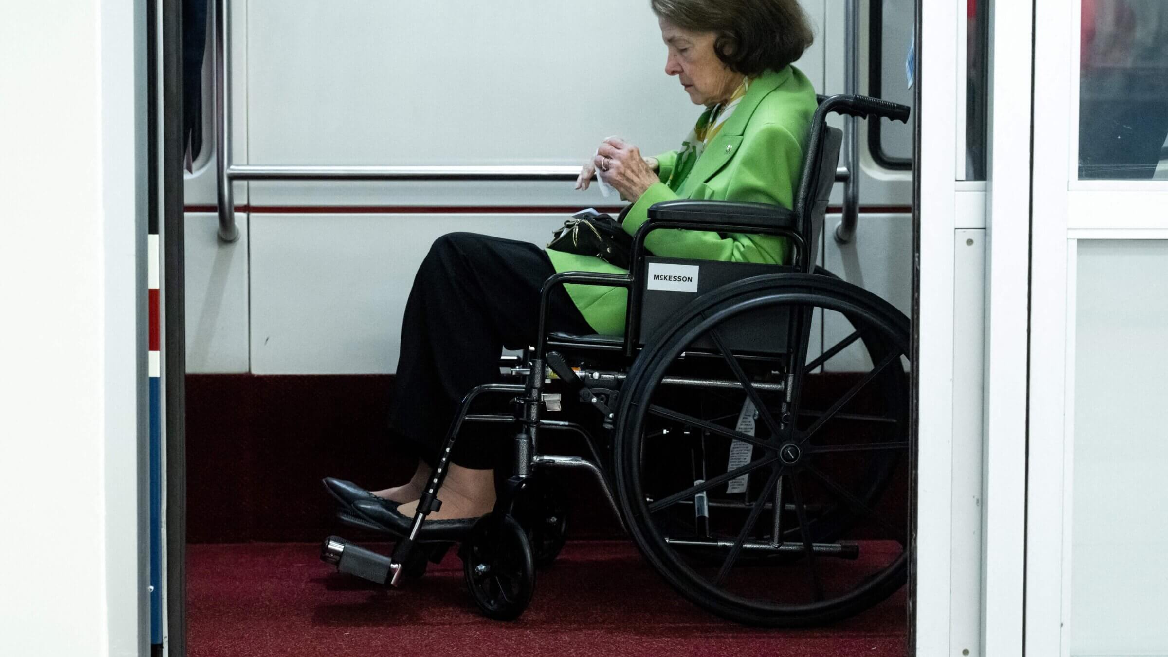 U.S. Sen. Dianne Feinstein sits in a wheelchair on the Senate Subway on Capitol Hill in Washington, DC, on July 27, 2023