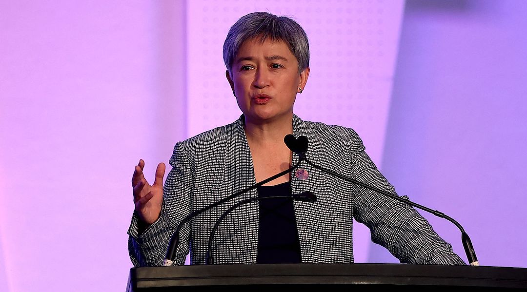 Australian Minister for Foreign Affairs Penny Wong speaks at a symposium in Brisbane, July 28, 2023. (Pat Hoelscher/AFP via Getty Images)