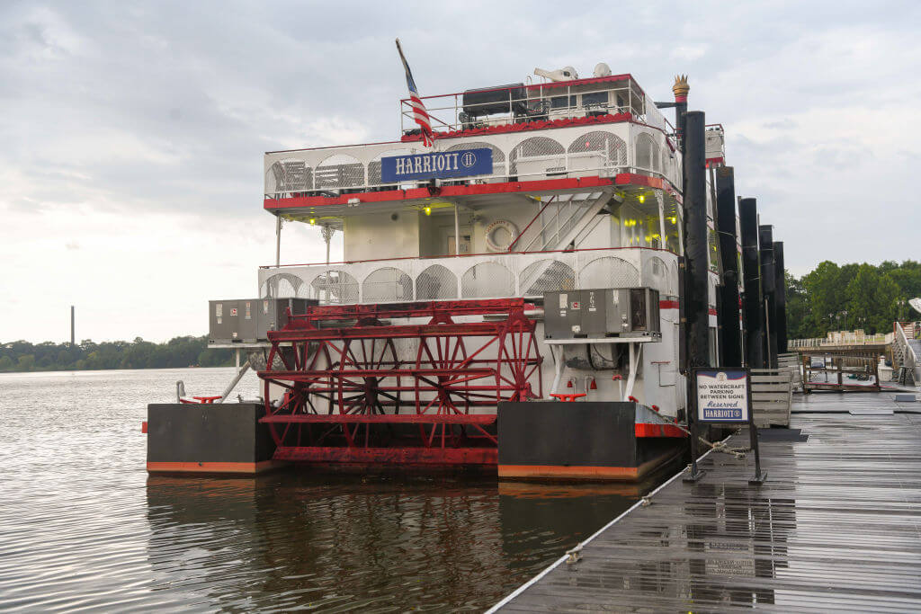 MONTGOMERY, ALABAMA - AUGUST 8: The Harriott, a riverboat, remains docked on August 8, 2023, on the Alabama riverfront in downtown Montgomery, Alabama. Three people have now been charged in the large fight on floating dock Saturday that was captured on video by numerous spectators. 