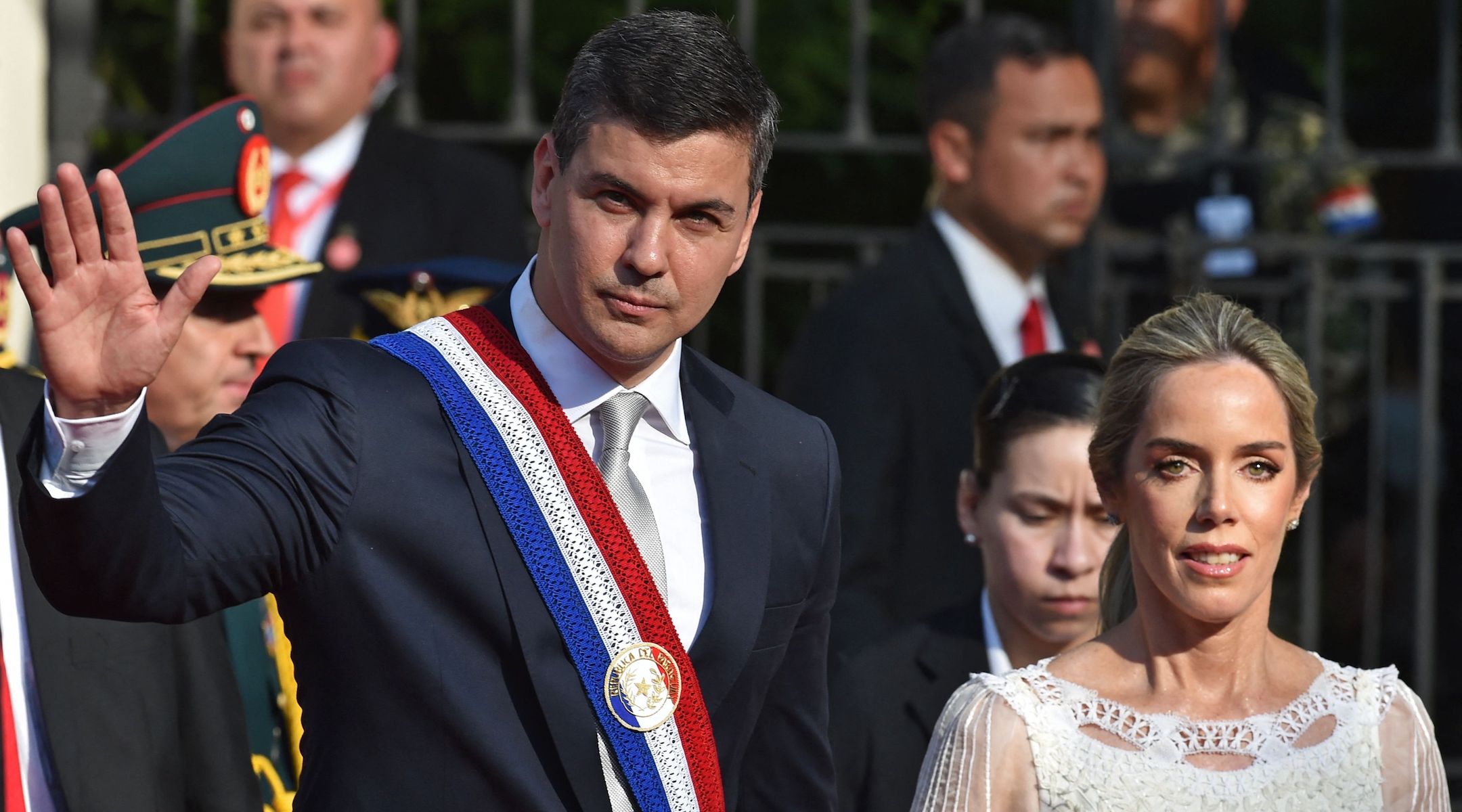 Paraguay President Santiago Peña and his wife Leticia Ocampos seen at his inauguration ceremony next to the presidential residence in Asuncion, Aug.15, 2023. (Norberto Duarte/AFP via Getty Images)