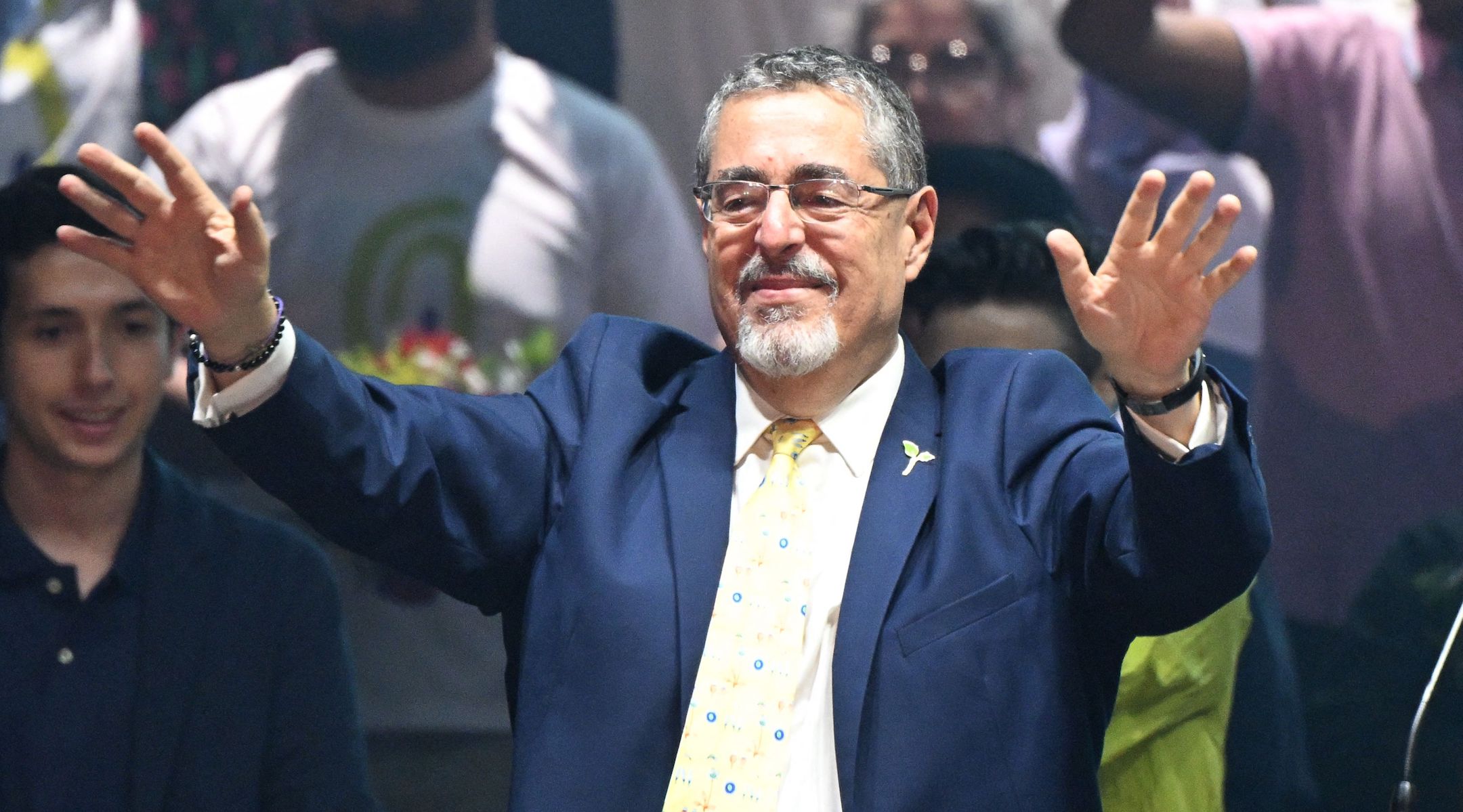 Bernardo Arevalo greets supporters at a campaign event in Guatemala City, Aug. 16, 2023. (Luis Acosta/AFP via Getty Images)
