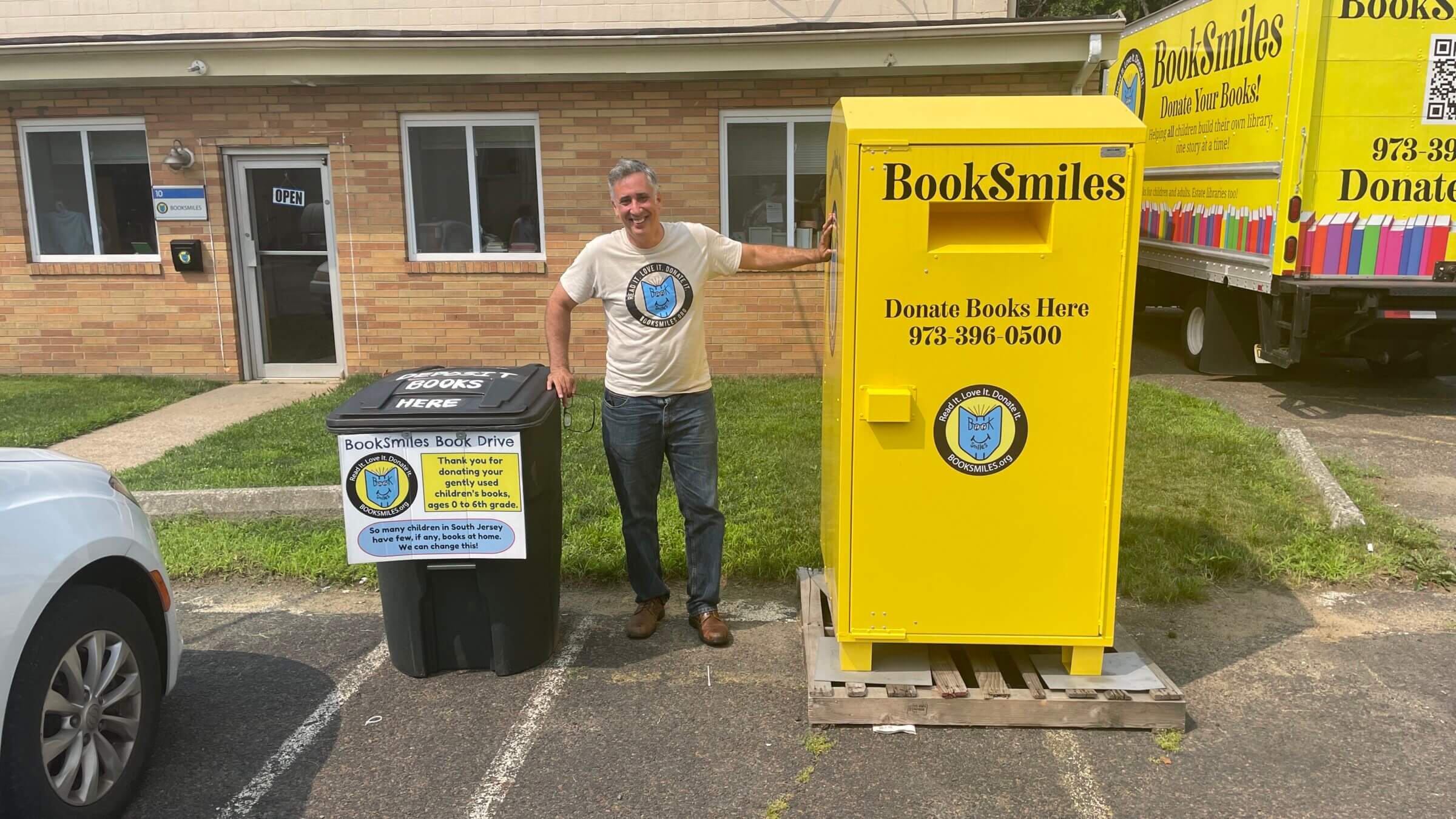 Larry Abrams, founder of BookSmiles, outside the nonprofit's Pennsauken, New Jersey, warehouse on July 18, 2023.