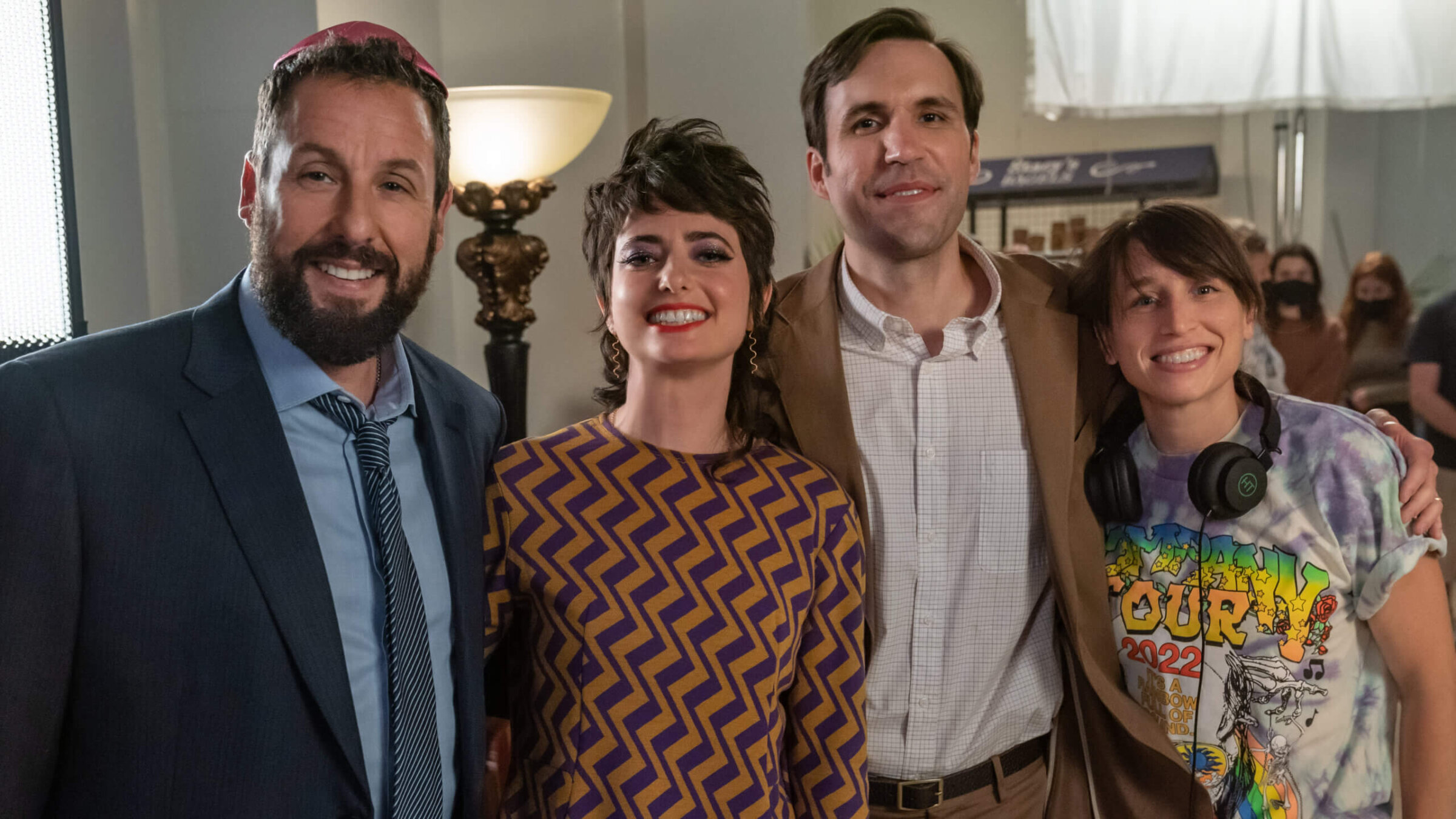 Adam Sandler, Sarah Sherman and Dan Bulla with director Sammi Cohen on the set of <i>You Are So Not Invited to My Bat Mitzvah</i> on Netflix.