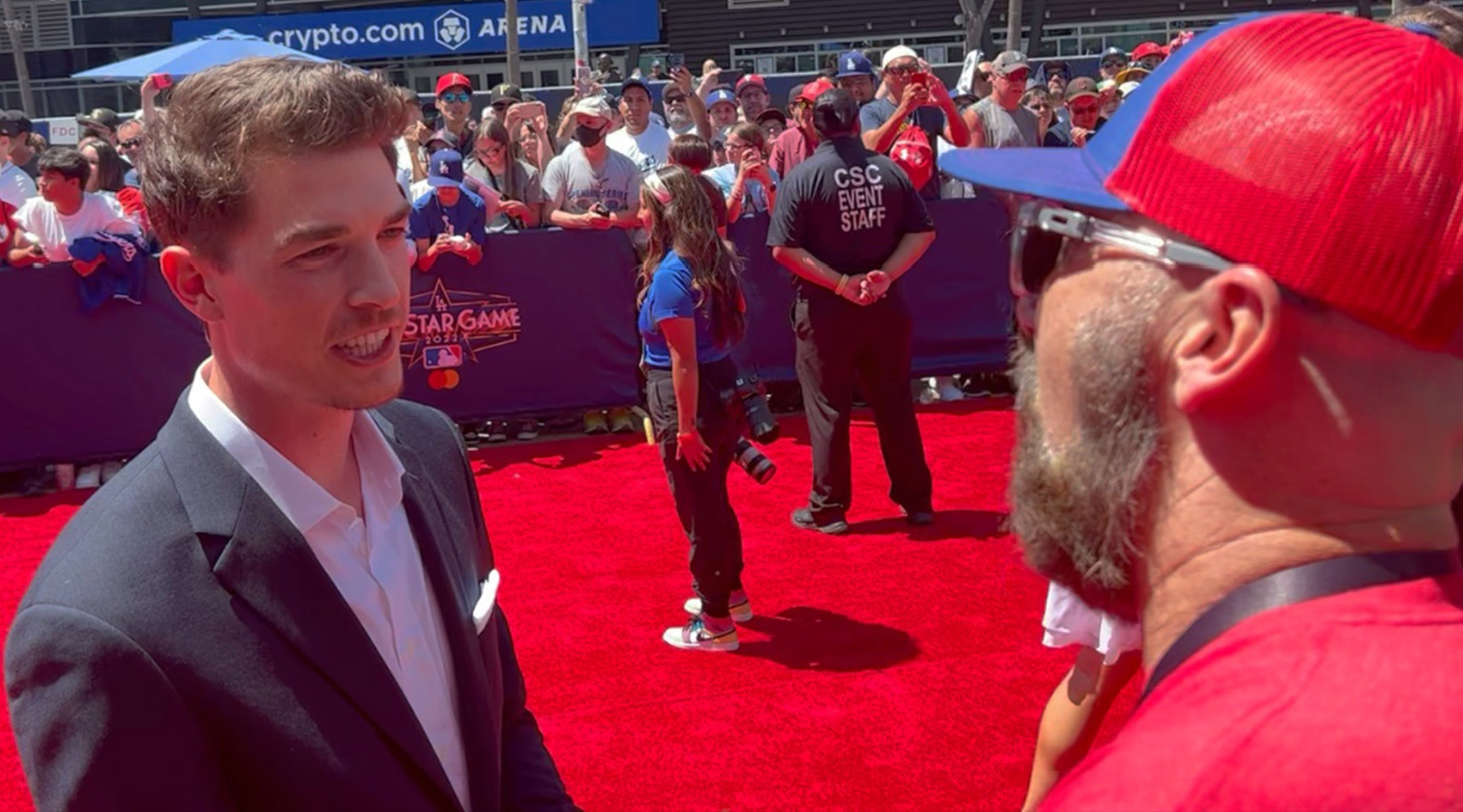 Rob Friedman, right, with Jewish pitcher Max Fried at the 2022 MLB All-Star Weekend red carpet event in Los Angeles. (Courtesy of Rob Friedman)