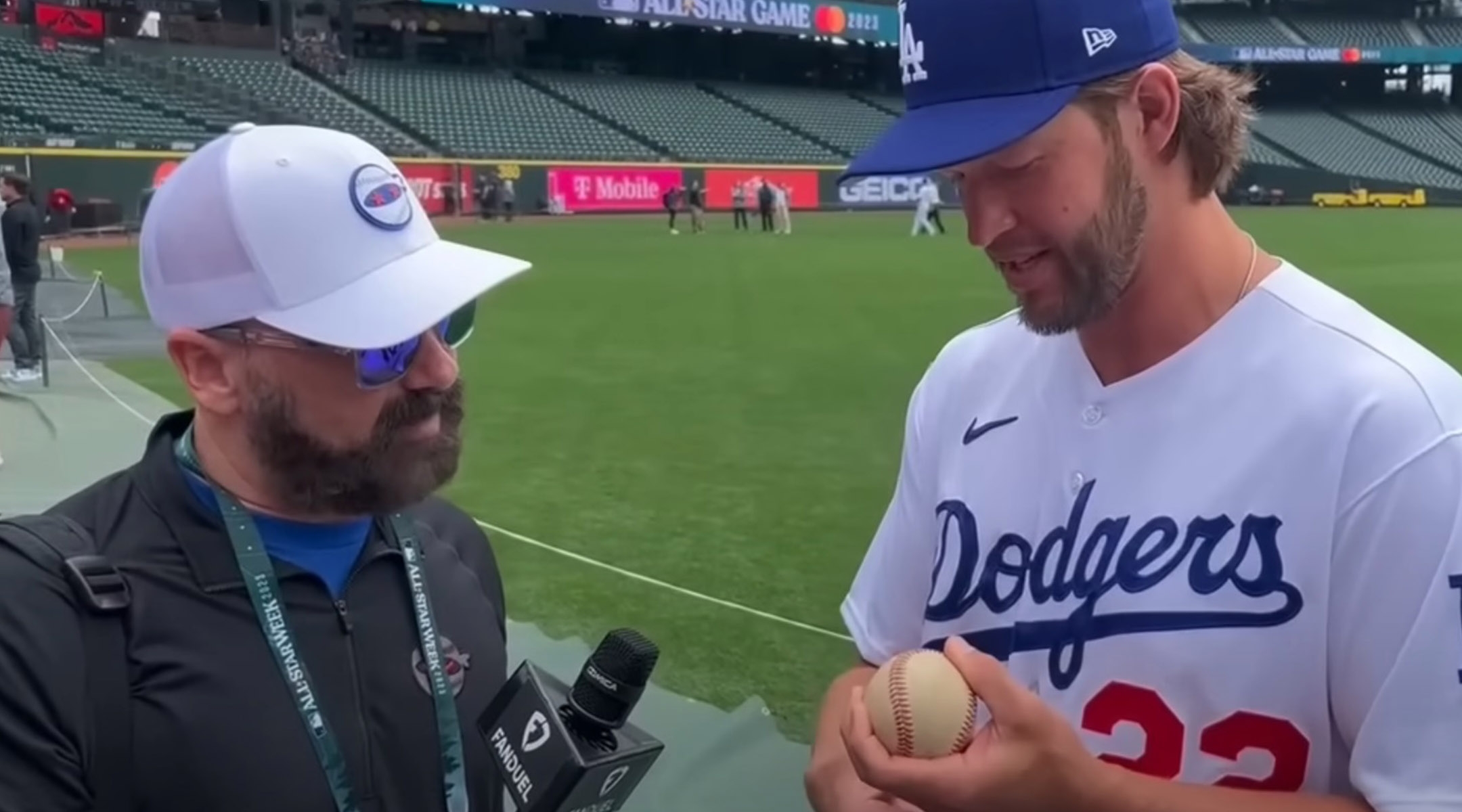 Rob Friedman, left, interviews three-time Cy Young Award winner Clayton Kershaw at MLB’s 2023 All-Star Weekend in Seattle. (Courtesy of Rob Friedman)