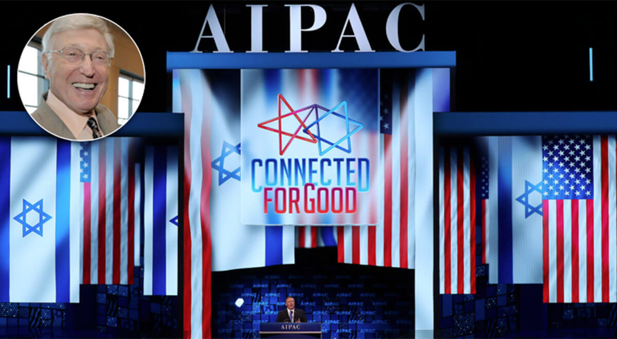 Former Secretary of State Mike Pompeo at the 2019 AIPAC event in Washington, D.C. Inset: Bernie Marcus.