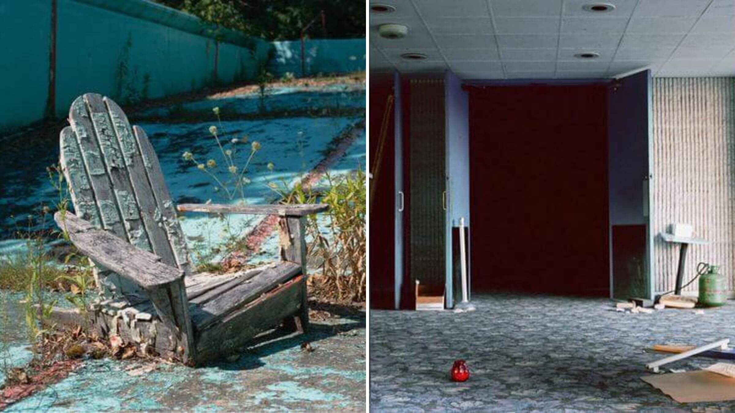 Two side-by-side photos showing a crumbling Adirondack chair and an abandoned hotel room, both taken by Marisa Scheinfeld at abandoned Borscht Belt resorts. 