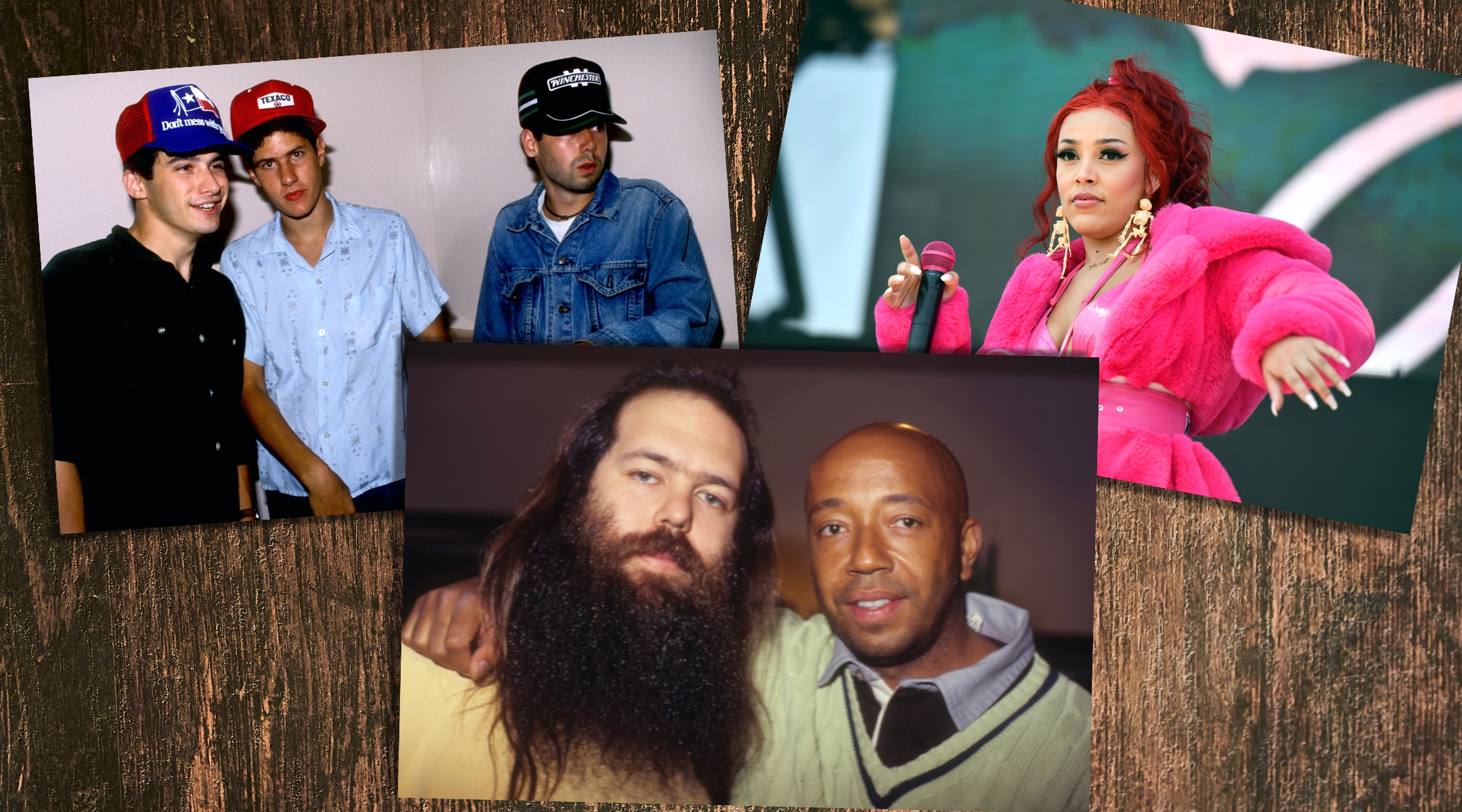 Clockwise from top left: The Beastie Boys, Doja Cat and Rick Rubin, shown with Russell Simmons, are a few of the prominent Jewish figures from the first 50 years of hip-hop. (Getty Images; Design by Mollie Suss)