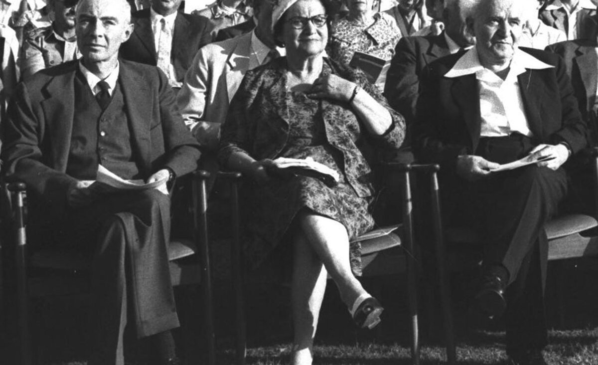 The audience at the dedication of the Nuclear Research Institute in Rehovot, 1958. J. Robert Oppenheimer, left, is seated next to Paula and David Ben-Gurion.
