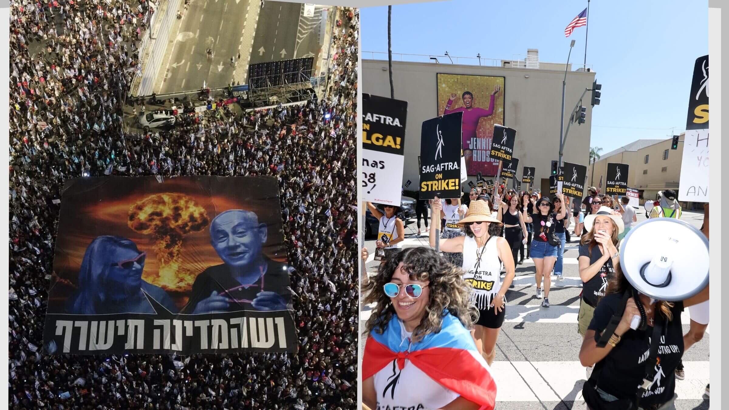 L: Aerial picture of Israelis in mass protest against the judicial overhaul, Tel Aviv, Israel. R: SAG-AFTRA members striking outside of Warner Bros. Studios, Burbank, California.
