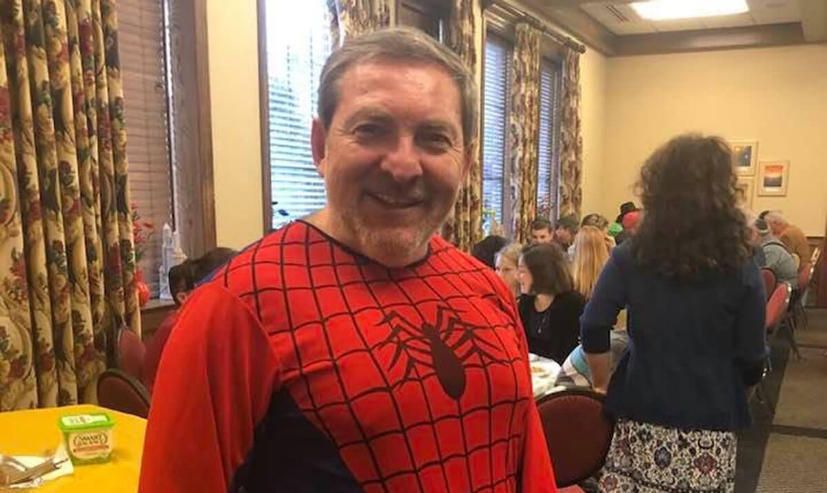 Rabbi Victor Urecki of Charleston, West Virginia, in a Spider-Man costume.