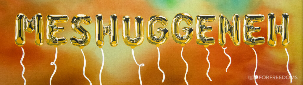 Helium balloons shaped like letters spelling out the word "MESHUGGENEH" on a wide, multicolored background.