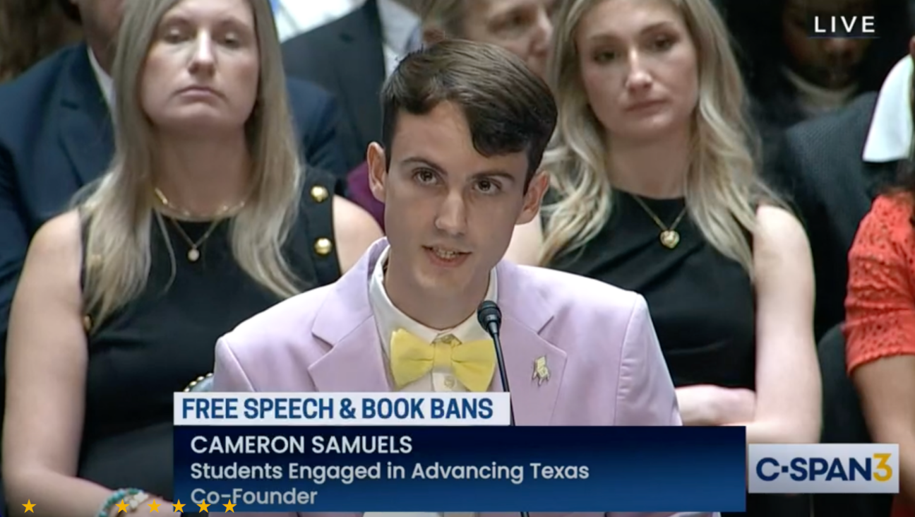 Cameron Samuels, a Jewish college student and book-access activist, discusses the impact of their Texas high school’s challenge to “Maus” at a Senate hearing on book bans, Sept. 12, 2023. (Screenshot via C-SPAN)
