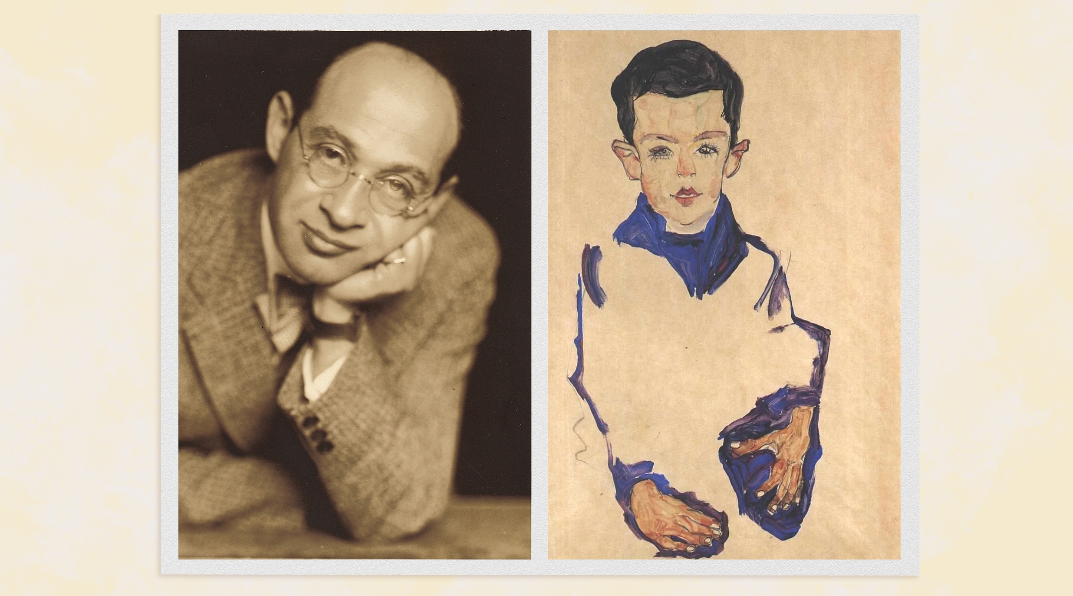 Fritz Grünbaum, left, was a Viennese Jewish cabaret performer with a vast Egon Schiele collection, including “Portrait of a Boy,” a preparatory study for the 1910 oil portrait of the son of one of Schiele’s first patrons, who became an important early commission for his artistic career. (via Getty and the Manhattan District Attorney’s Office)