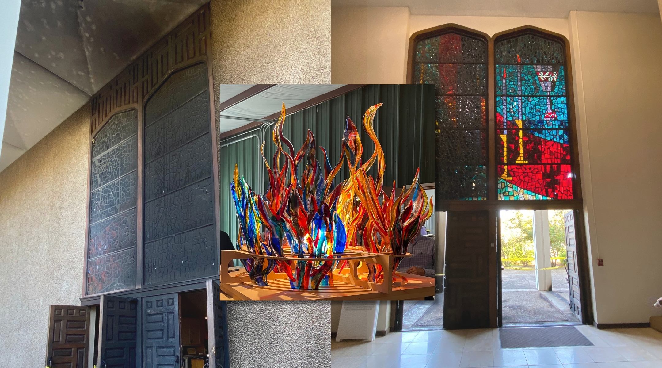 A new ner tamid, or eternal flame, was constructed from the damaged stained glass that survived an act of arson in 2021. (Courtesy of Congregation Beth Israel and Lori Adelman. Design by Jackie Hajdenberg)