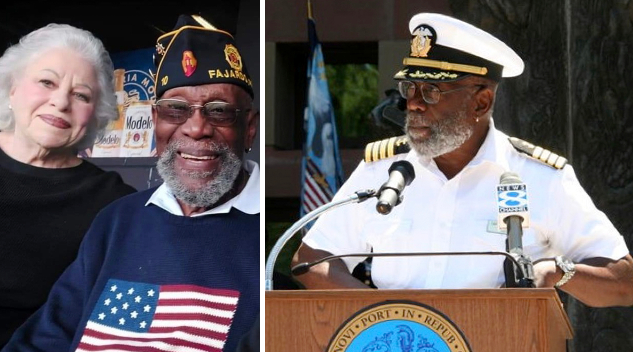 Left, Bill Pinkney and his former wife, Chicago food celebrity Ina Pinkney (Courtesy Ina Pinkney); at right, Capt. Bill Pinkney speaking in New Haven, Connecticut. (©2021Captain Bill Pinkney)