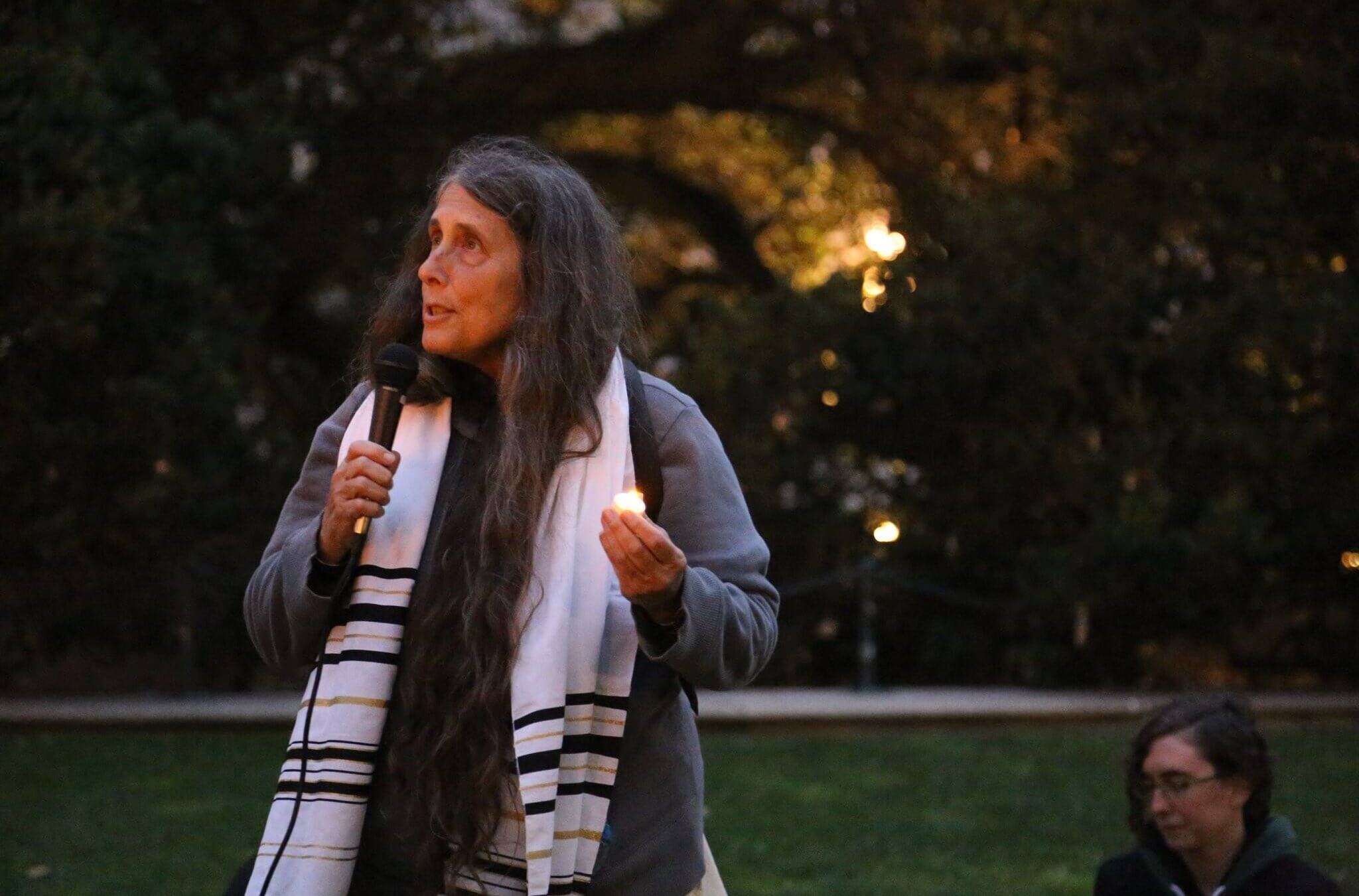 Rabbi Lynn Gottlieb speaks at the  Interfaith Challenge to Protest Curfew in New York in 2015. Gottlieb is celebrating 50 years as a rabbi this September.