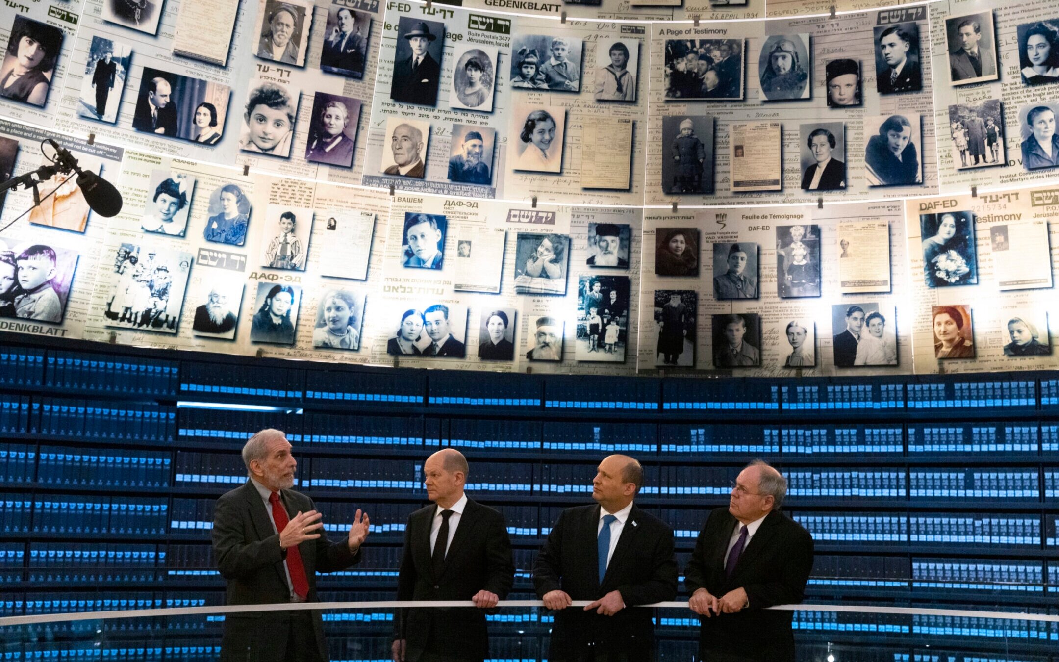 Yad Vashem Chairman Dani Dayan, second from right, with Israeli and German officials at Yad Vashem, Israel’s Holocaust memorial museum, in Jerusalem, March 2, 2022. (Olivier Fitoussi/Flash90)