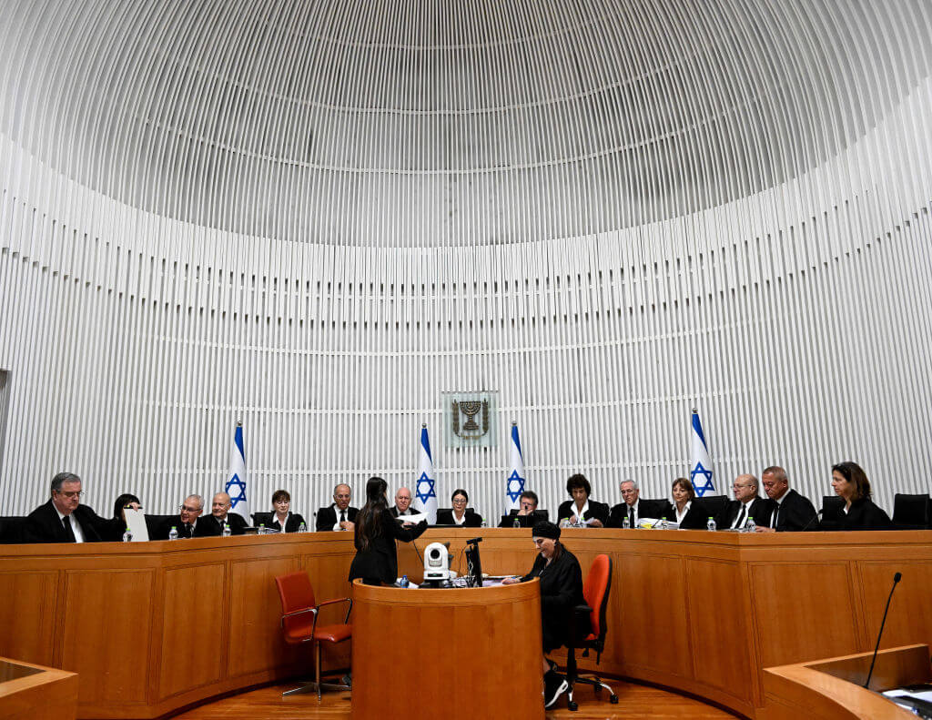 President of the Israeli Supreme Court Esther Hayut and all fifteen judges assemble to hear petitions against the 'reasonableness clause' of the judicial overhaul at the court in Jerusalem, on September 12, 2023. 