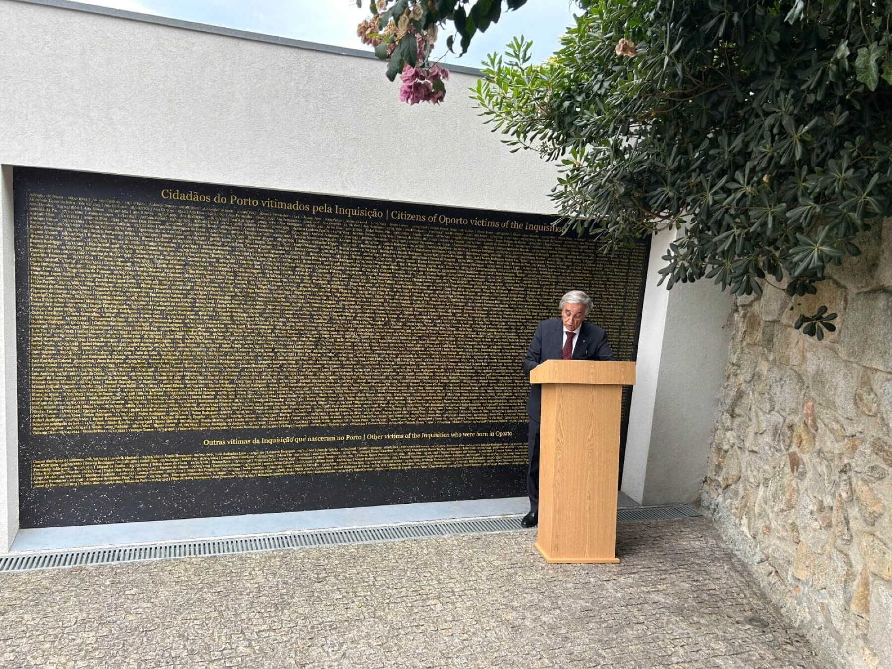 Sebastião Feio, president of the Porto municipal general assembly, speaks at a ceremony dedicating the Portuguese city's memorial to the local victims of the Inquisition, Sept. 3, 2023.