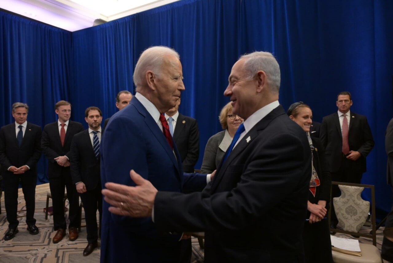 President Joe Biden greets Prime Minister Benjamin Netanyahu ahead of their meeting on September 20, 2023. 